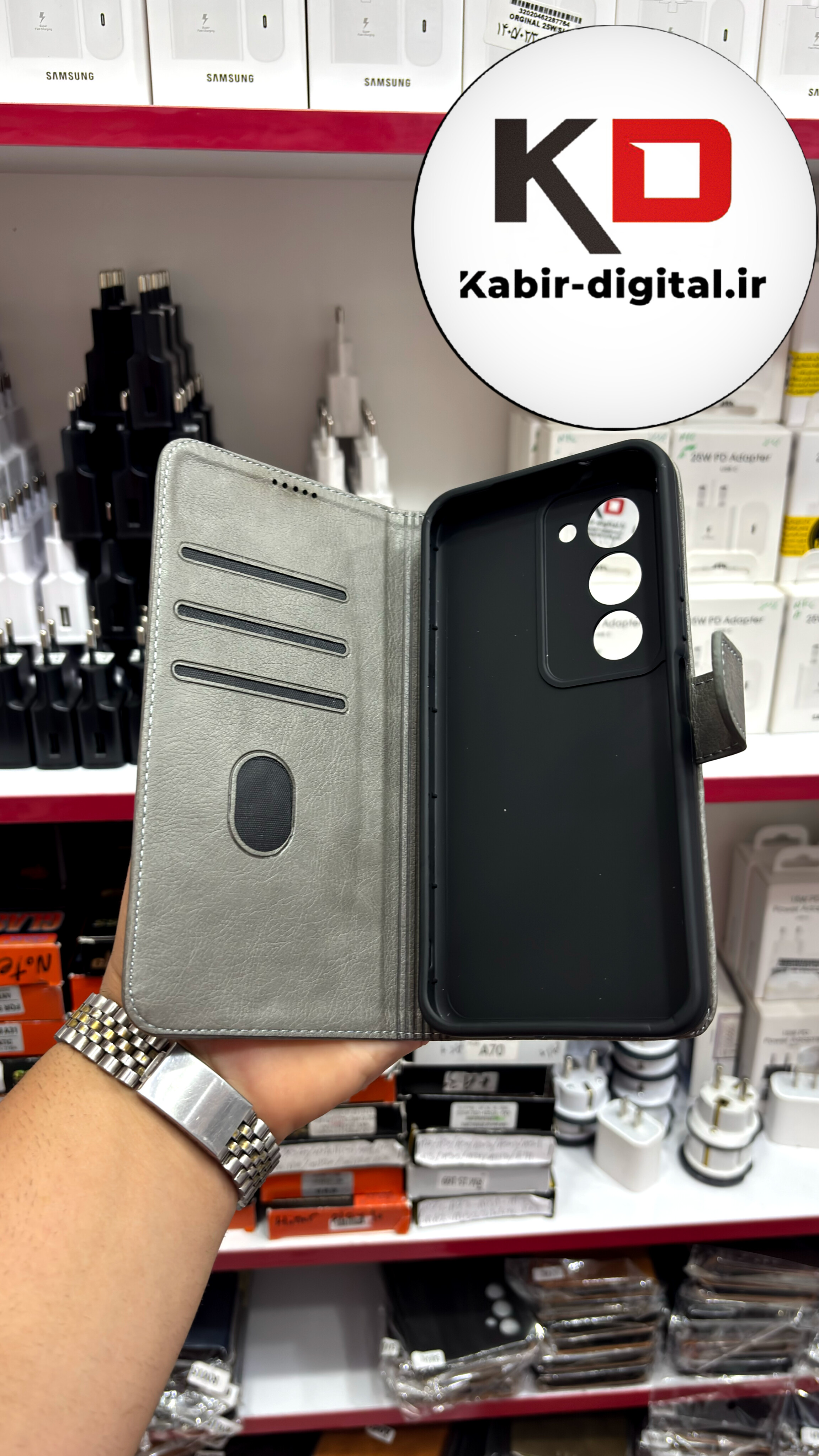 کیف گوشی Redmi 15 شیائومی چرم مگنتی جاکارتی محافظ لنزدار بند آویز دار طوسی