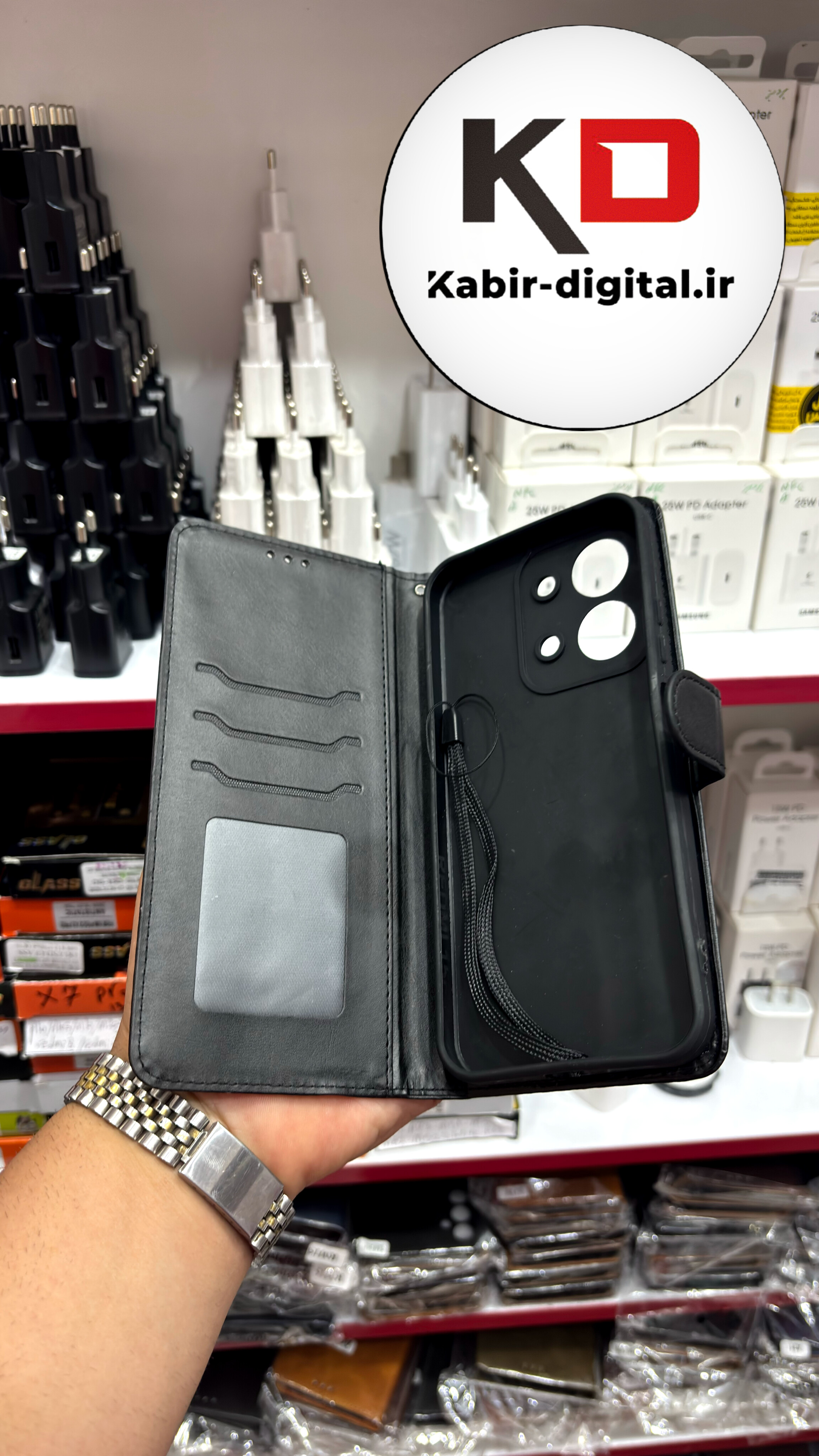 کیف گوشی Redmi 15C / POCO C85 شیائومی چرم مگنتی جاکارتی محافظ لنزدار بند آویز دار مشکی