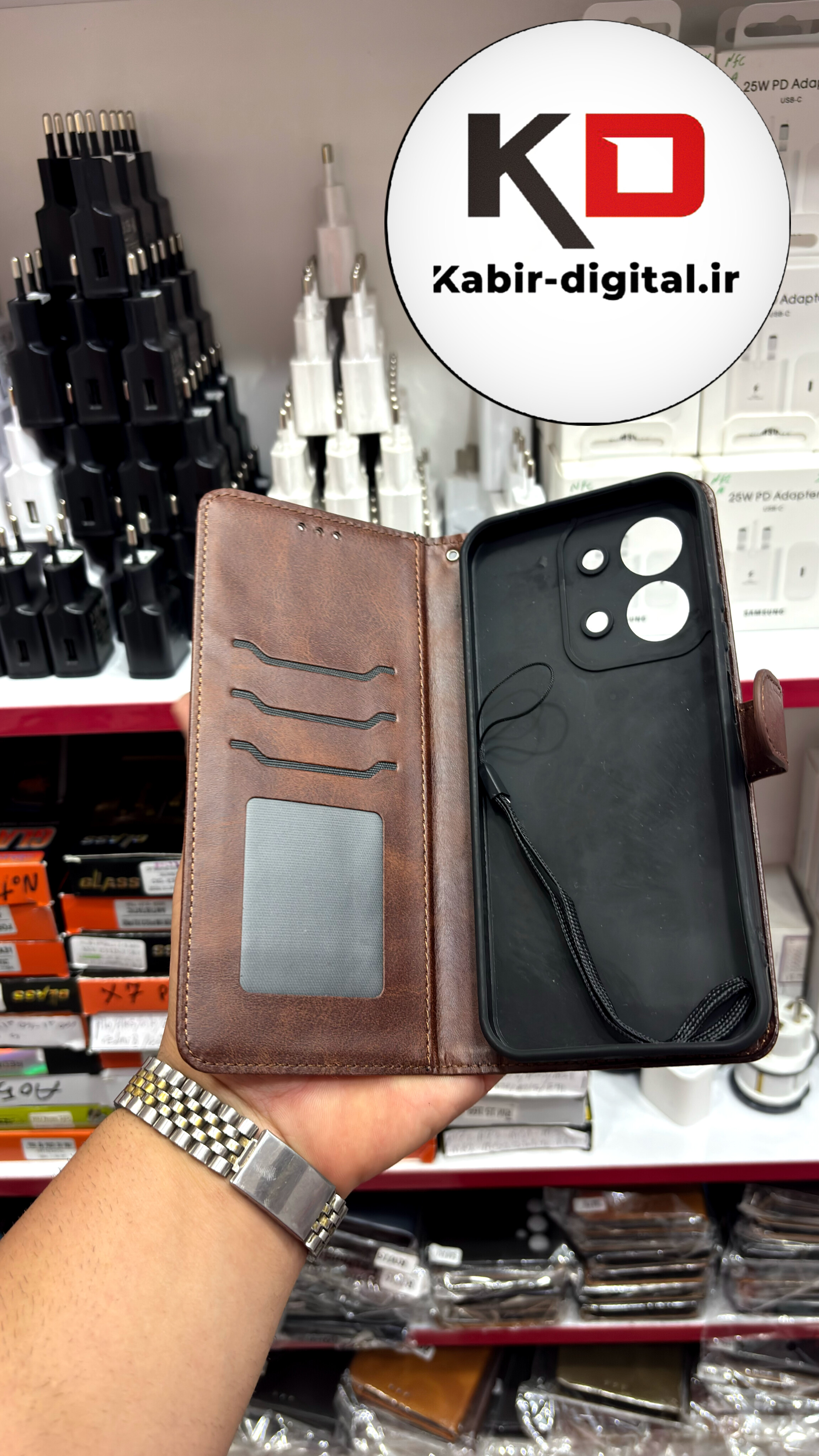 کیف گوشی Redmi 15C / POCO C85 شیائومی چرم مگنتی جاکارتی محافظ لنزدار بند آویز دار قهوه ای