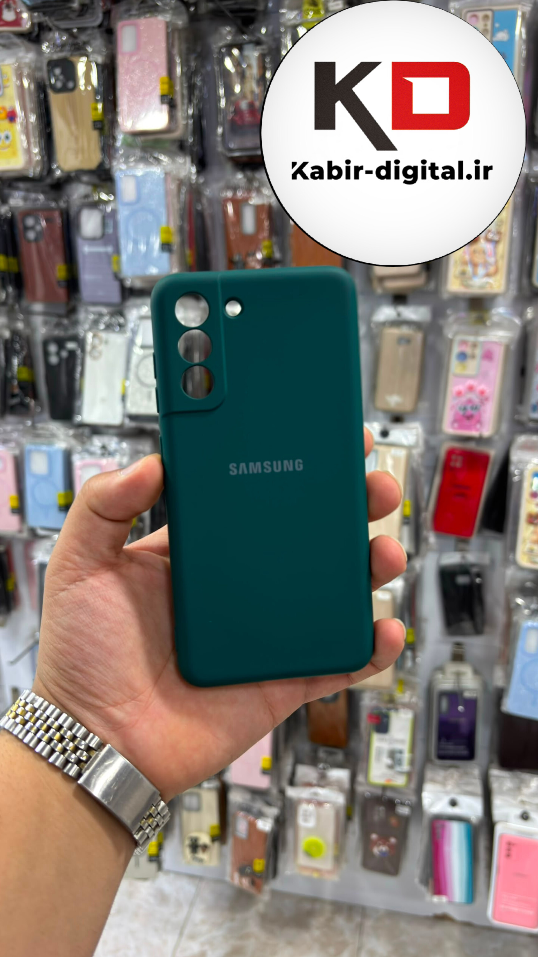 قاب گوشی Galaxy S21 FE سامسونگ سیلیکونی اورجینال درجه یک زیر بسته محافظ لنزدار سبز تیره