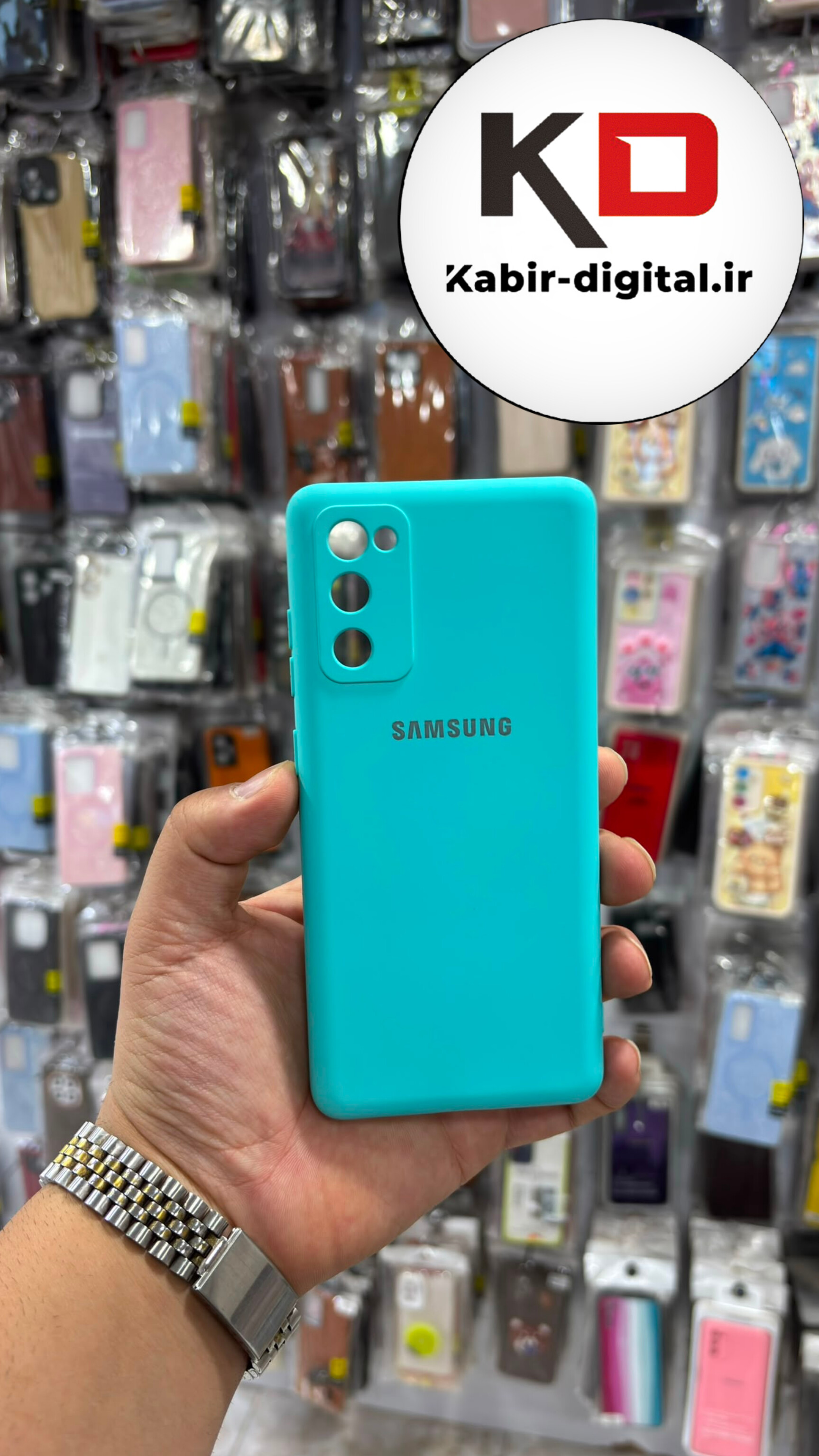 قاب گوشی Galaxy S20 FE سامسونگ سیلیکونی اورجینال درجه یک زیر بسته داخل پارچه محافظ لنزدار آبی فیروزه ایی