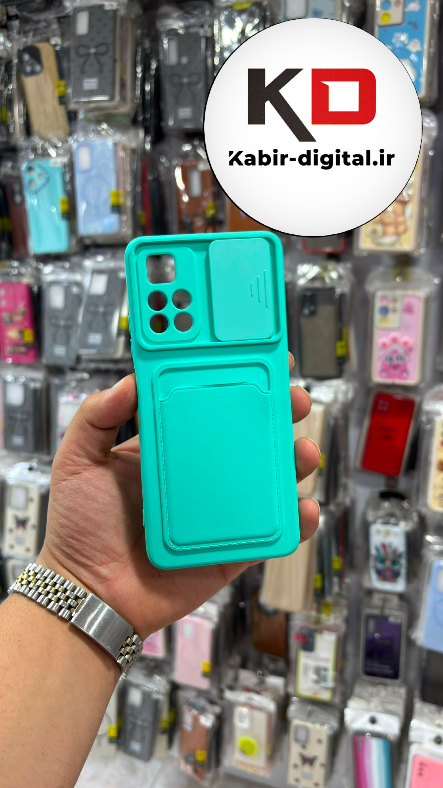 قاب گوشی Redmi Note 11 5g / POCO M4 Pro شیائومی سیلیکونی جا کارتی دار محافظ لنز دار کشویی سبزآبی