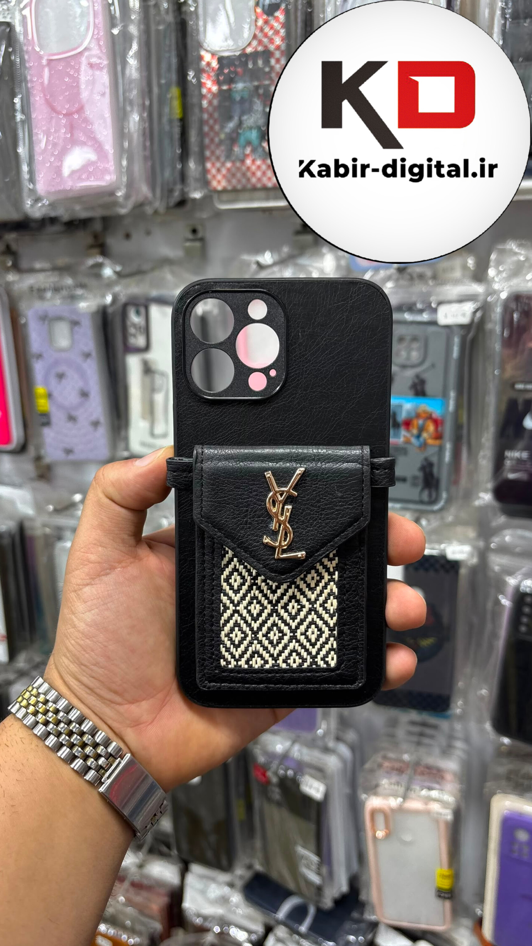 قاب گوشی  iPhone  13 Pro Max آیفون اورجینال چرمی طرح YSL جاکارتی بنددار بند گردنی محافظ لنزدار مشکی