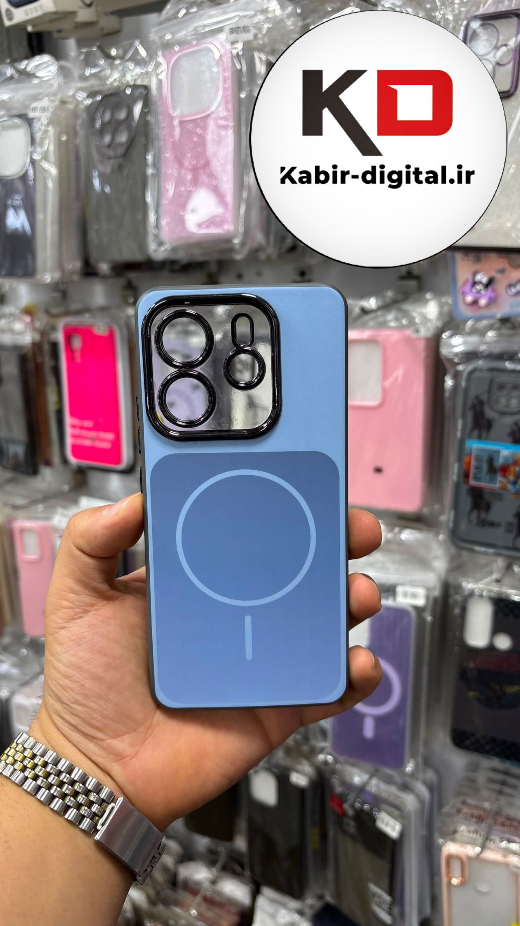 قاب گوشی Redmi Note 14 4G شیائومی PVD طرح مگ سیف MagSafe صورتی محافظ لنز دار کرومی آبی