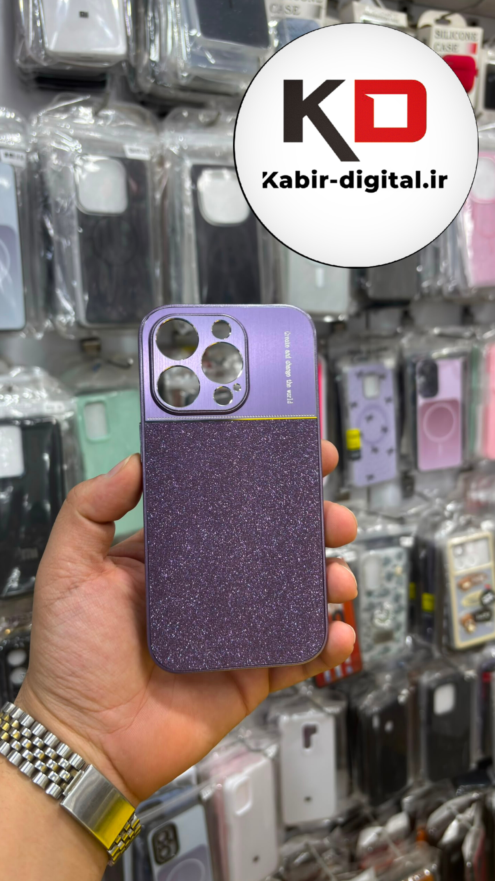 قاب گوشی iPhone 14 Pro آیفون اکلیلی SWAROVSKI دور سیلیکونی محافظ لنز دار بنفش
