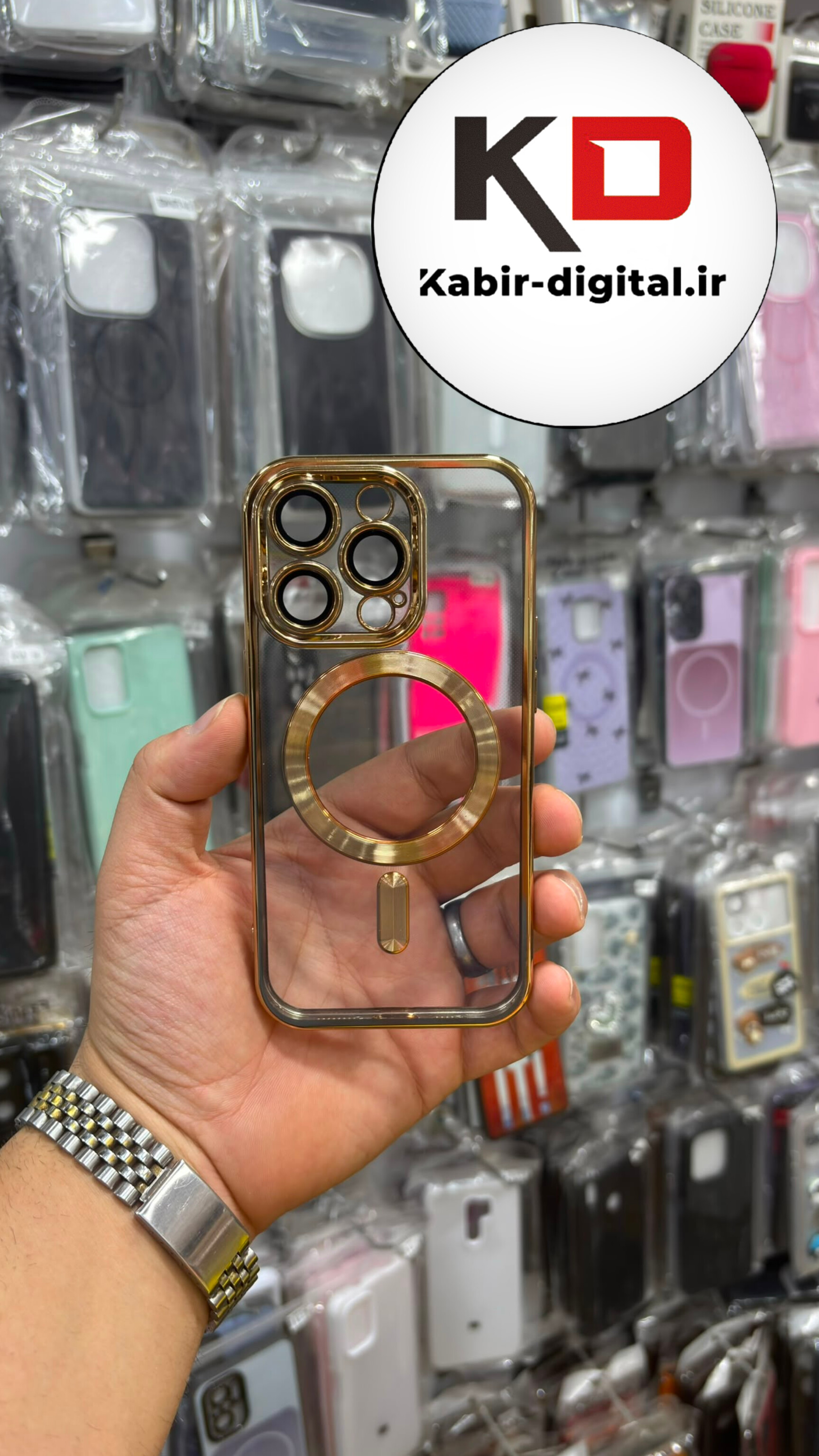 قاب گوشی iPhone 14 Pro آیفون  طرح الکتروپلیتینگ مگ سیف شفاف اورجینال یونیک کیس Unique Case محافظ لنز دار گلسی طلایی