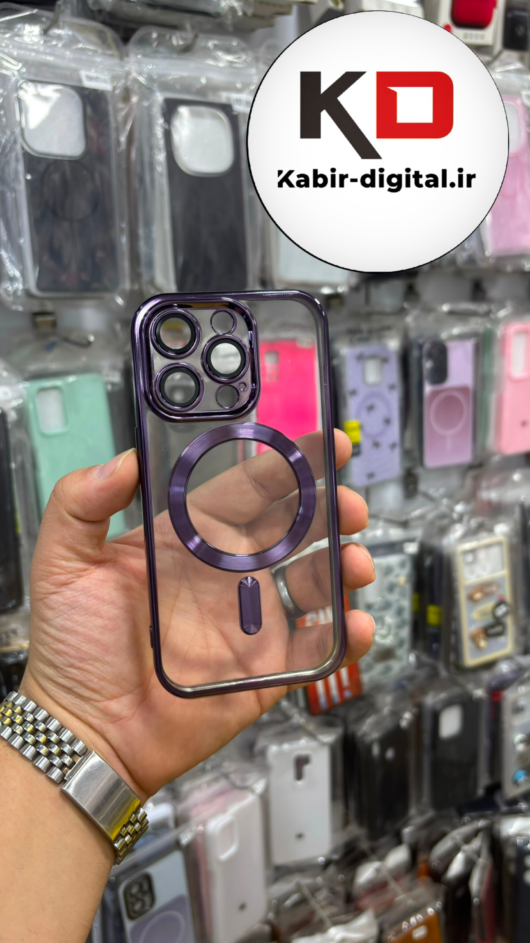 قاب گوشی iPhone 14 Pro آیفون  طرح الکتروپلیتینگ مگ سیفی ژله ای شفاف اورجینال یونیک کیس Unique Case محافظ لنز دار گلسی بنفش