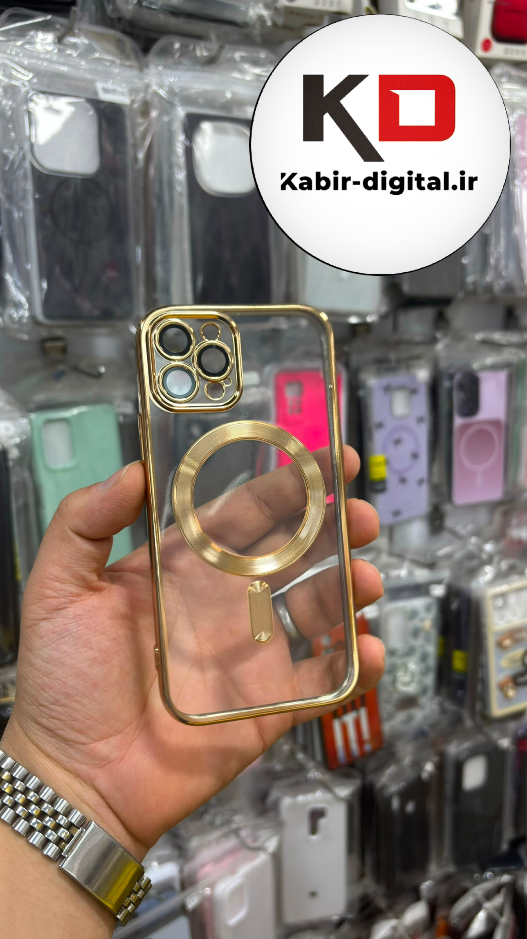 قاب گوشی iPhone 12/12 Pro آیفون  طرح الکتروپلیتینگ مگ سیفی ژله ای شفاف اورجینال یونیک کیس Unique Case محافظ لنز دار گلسی طلایی