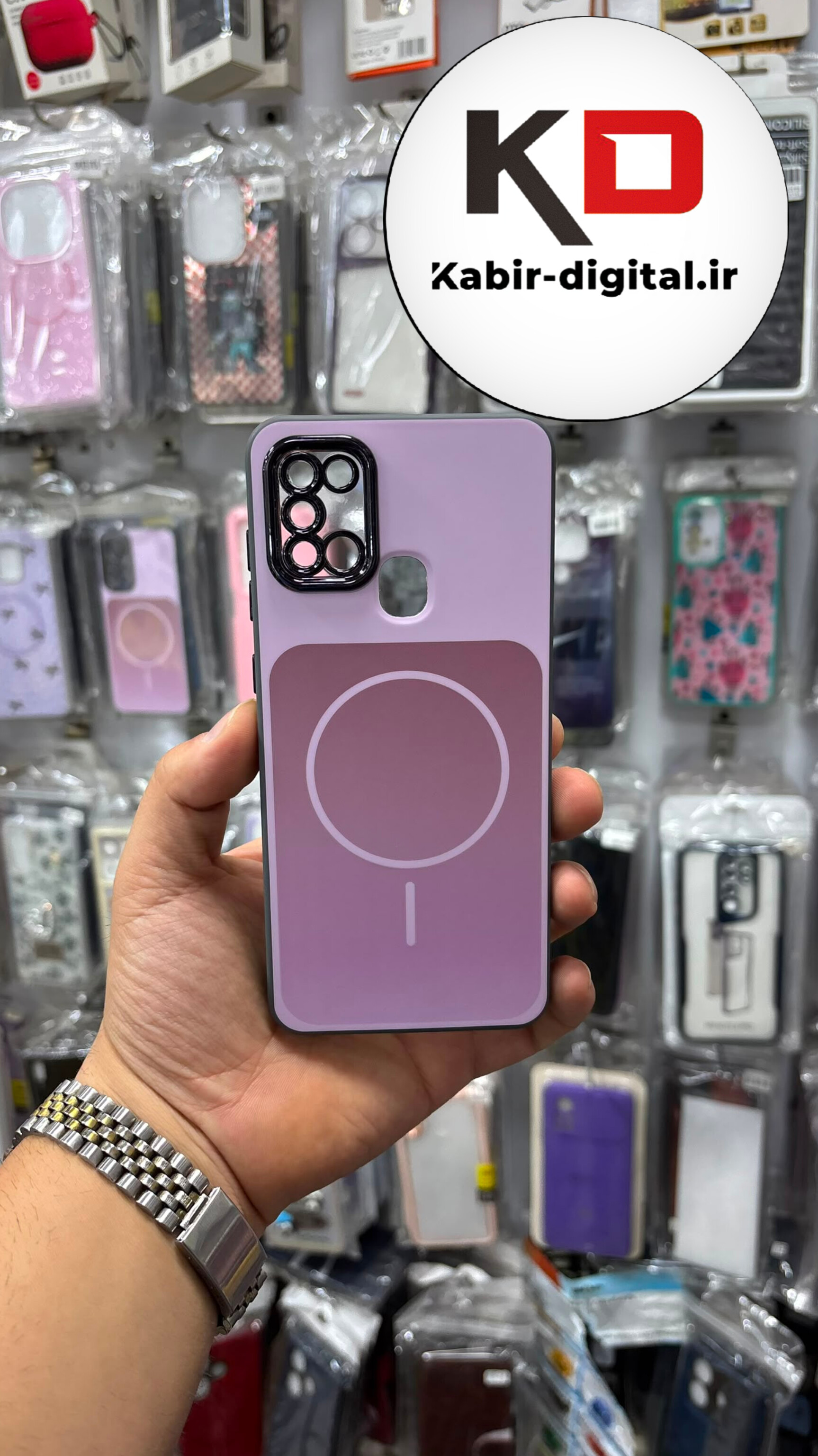 قاب گوشی Galaxy A21s سامسونگ PVD طرح مگ سیف MagSafe صورتی محافظ لنزدار کرومی صورتی