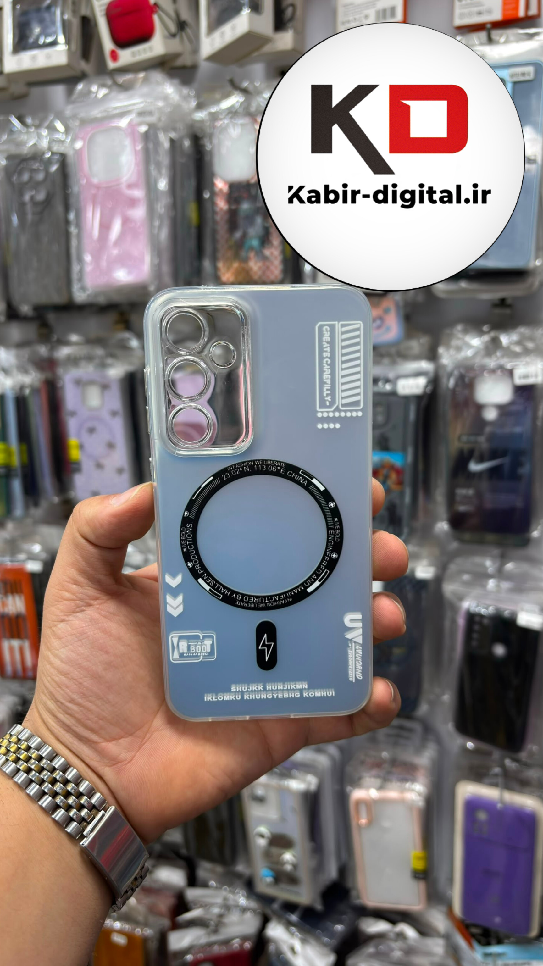 قاب گوشی Galaxy S23 FE سامسونگ سیلیکونی طرح Magsafe مگ سیف Sport لنز کروم آبی پاستیلی محافظ لنزدار