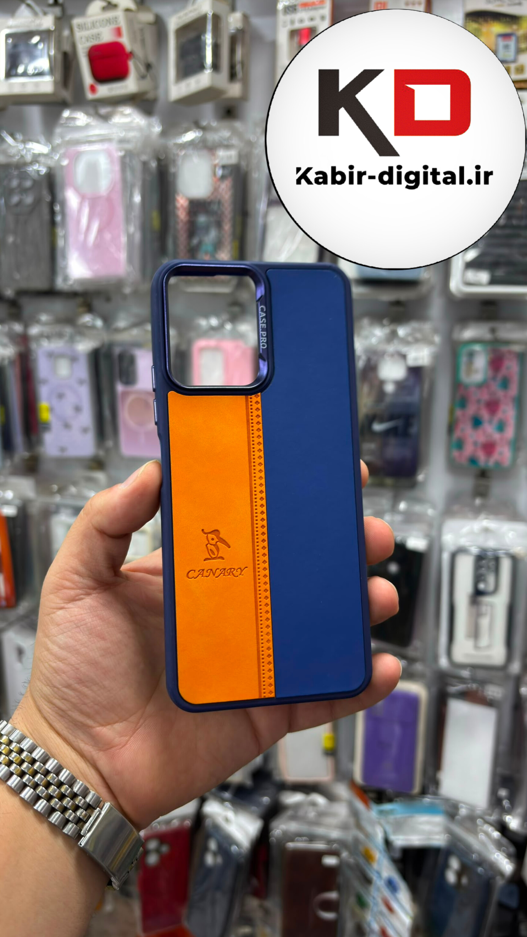 قاب گوشی Redmi 12 شیائومی  اورجینالCANARY NEW CASE طرح چرمی دوخت دار دو رنگ لنز کرومی متال آبی