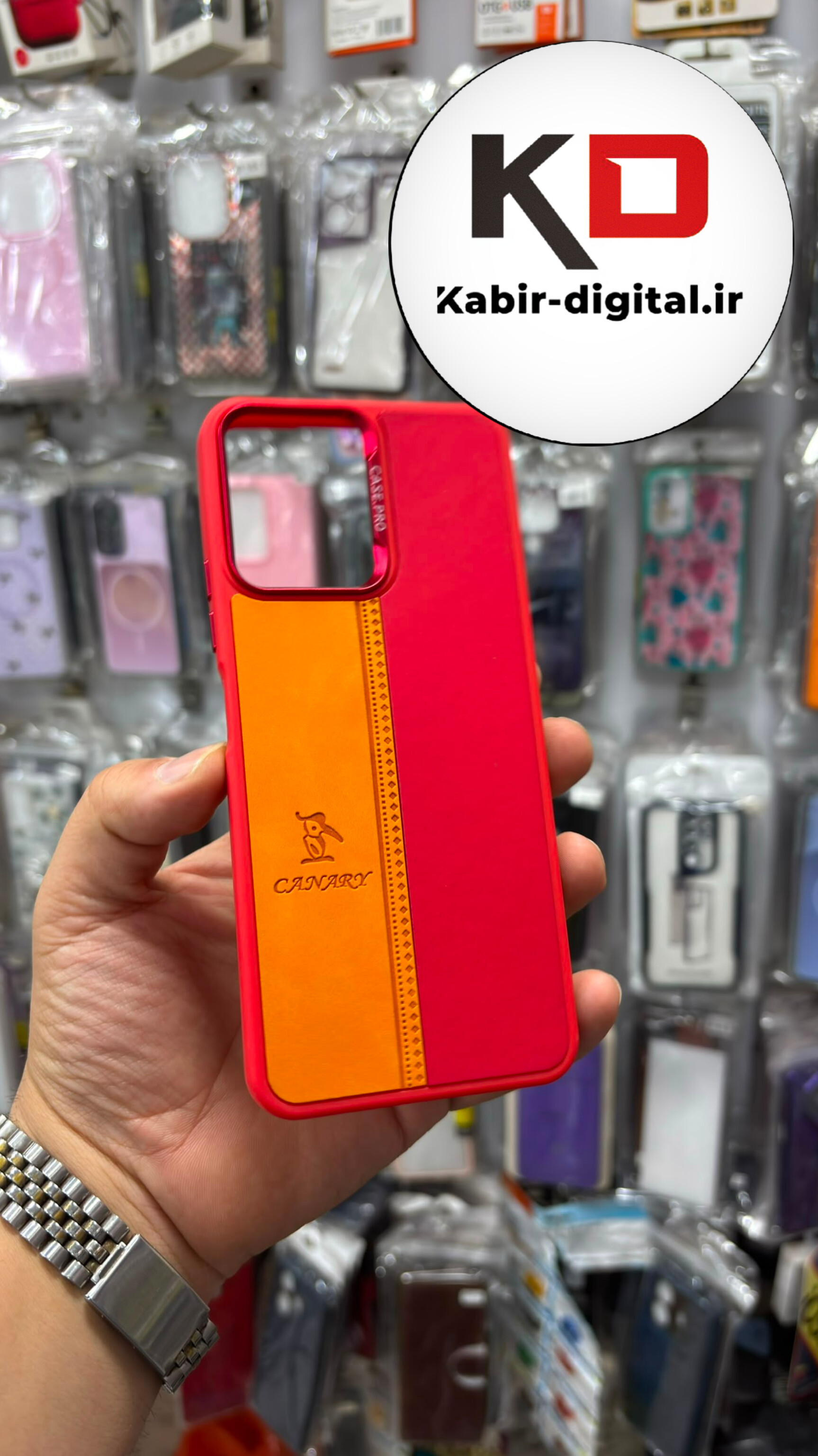 قاب گوشی Redmi 12 شیائومی  اورجینالCANARY NEW CASE طرح چرمی دوخت دار دو رنگ لنز کرومی متال قرمز