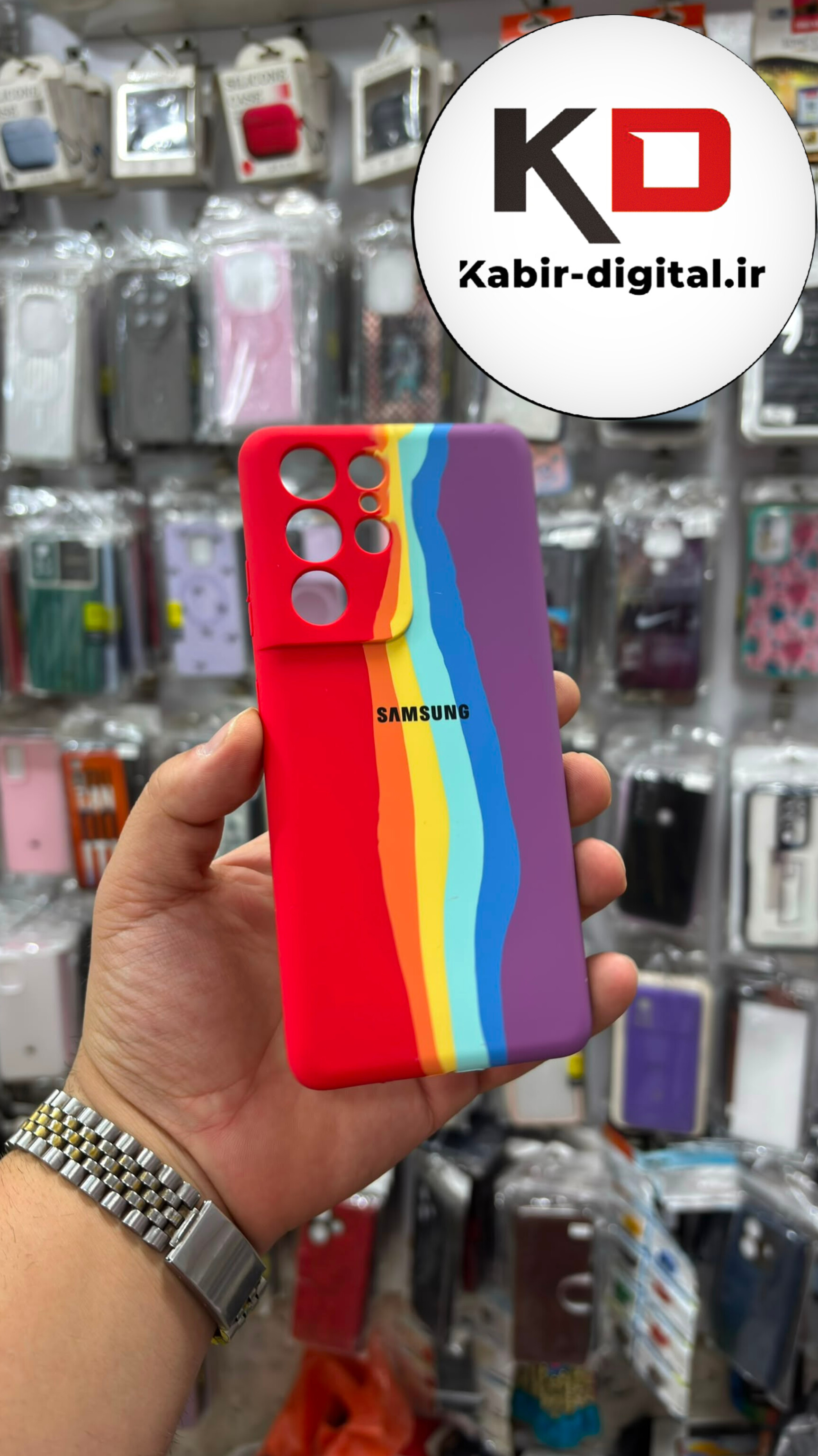 قاب گوشی Galaxy S21 Ultra سامسونگ سیلیکونی اورجینال درجه یک داخل پارچه آبرنگی رنگین کمانی زیربسته محافظ لنز دار