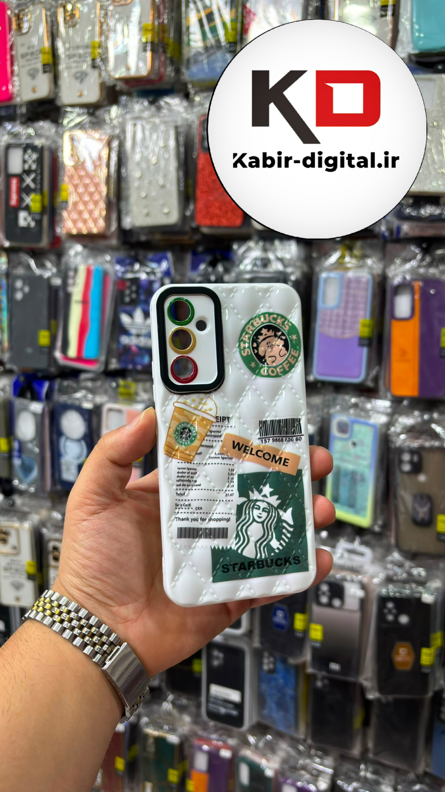 قاب گوشی Galaxy A34 سامسونگ پافری لوزی محافظ لنز دار طرح STARBUCKS استارباکس سفید