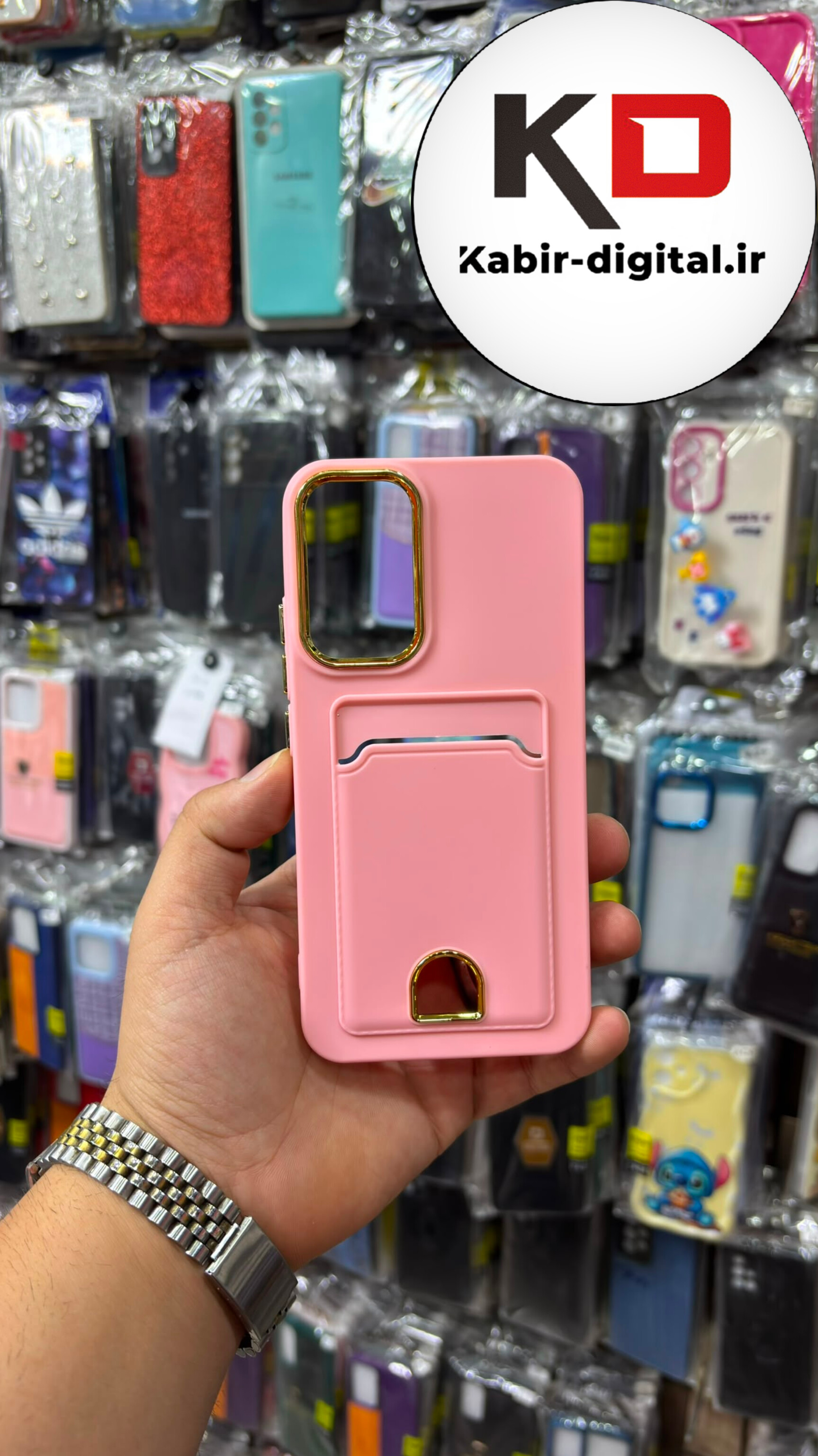 قاب گوشی Galaxy A34 سامسونگ Wallet Case سیلیکونی جاکارتی داخل مخمل گلبهی محافظ لنز دار کرومی