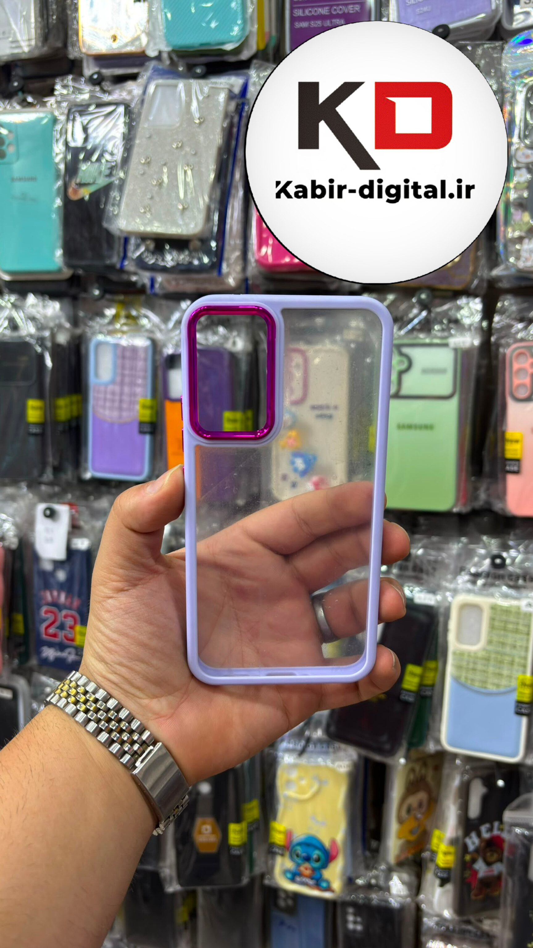 قاب گوشی Galaxy A34 سامسونگ اورجینال متال کیس Metal اورجینال CASE PRO طرح پشت طلق شفاف دور سیلیکونی بنفش