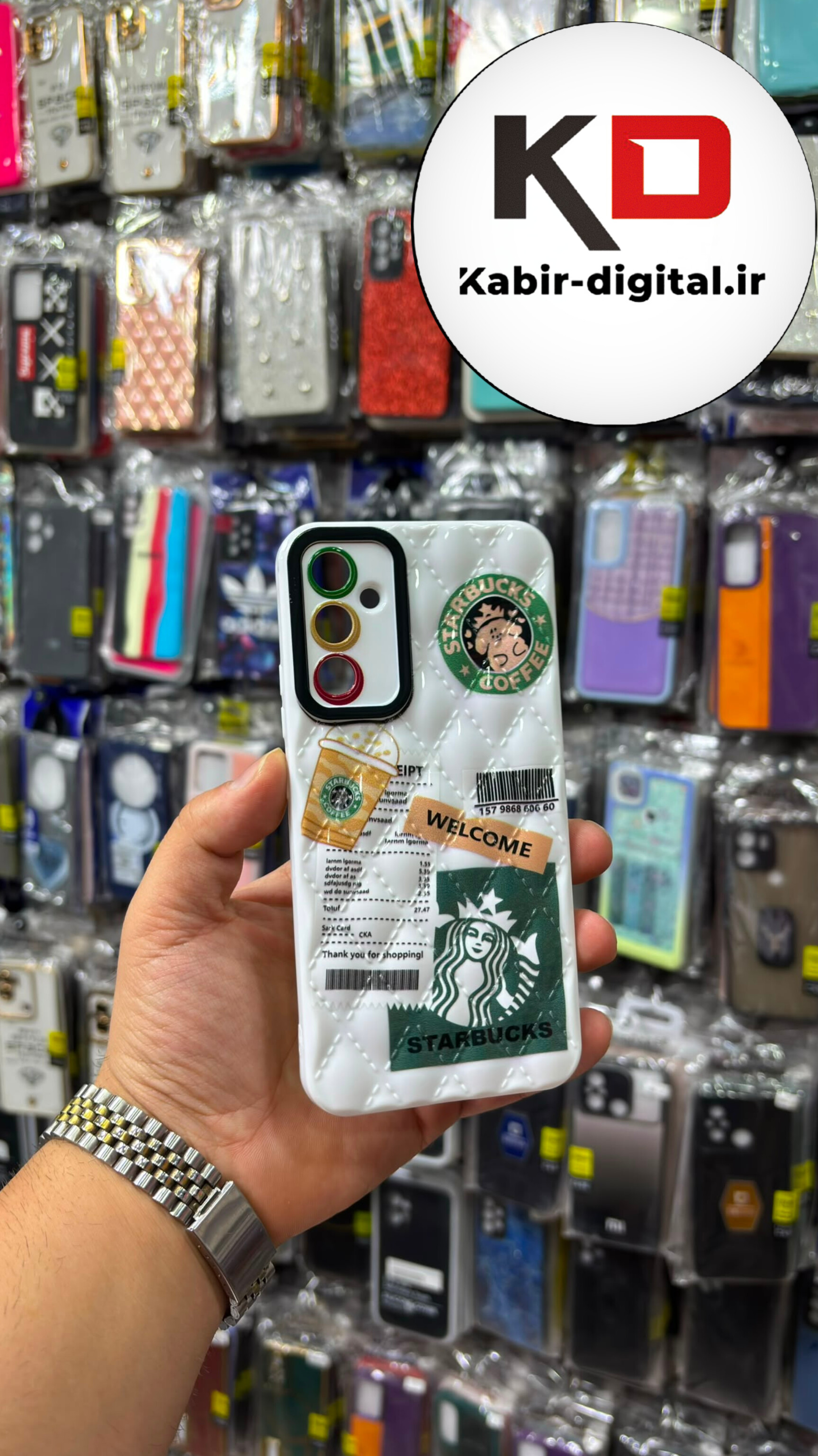 قاب گوشی Galaxy A34 سامسونگ پافری لوزی محافظ لنز دار طرح STARBUCKS استارباکس سفید