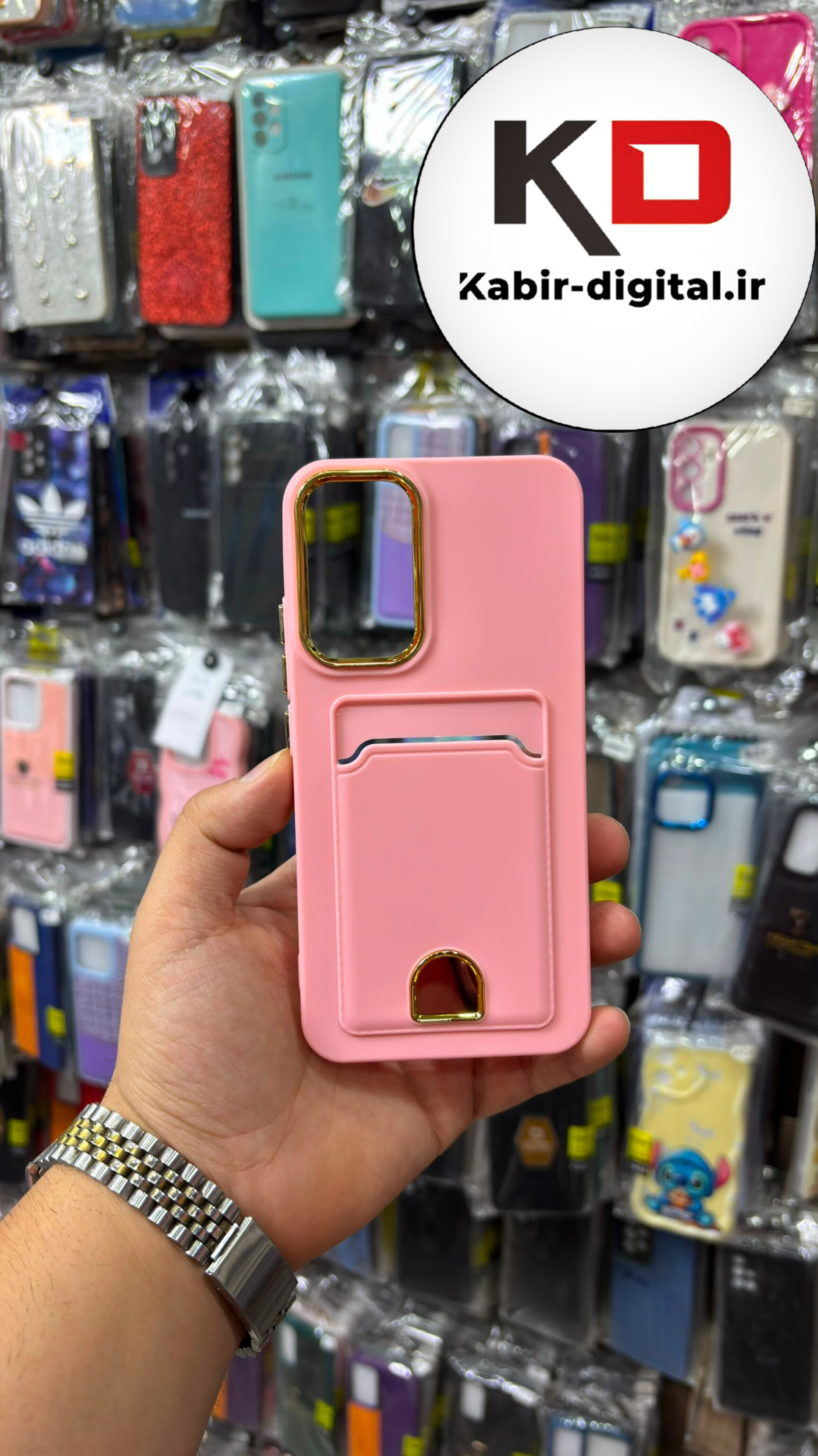 قاب گوشی Galaxy A34 سامسونگ Wallet Case سیلیکونی جاکارتی داخل مخمل گلبهی محافظ لنز دار کرومی