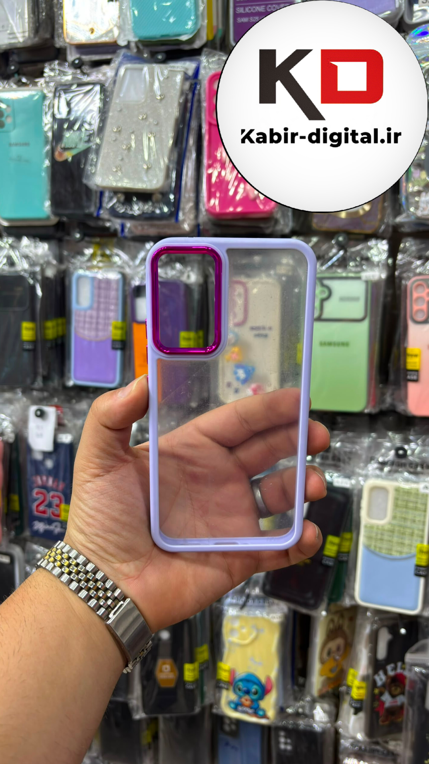 قاب گوشی Galaxy A34 سامسونگ اورجینال متال کیس Metal اورجینال CASE PRO طرح پشت طلق شفاف دور سیلیکونی بنفش