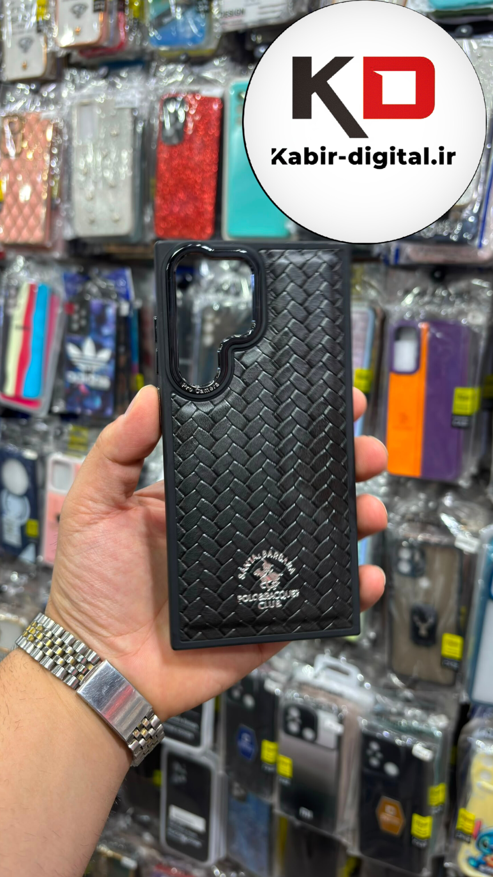 قاب گوشی Galaxy S23 Ultra سامسونگ پولو POLO اورجینال طرح چرمی هارد لاکچری گلدوزی دور سیلیکونی لنز کرومی مشکی