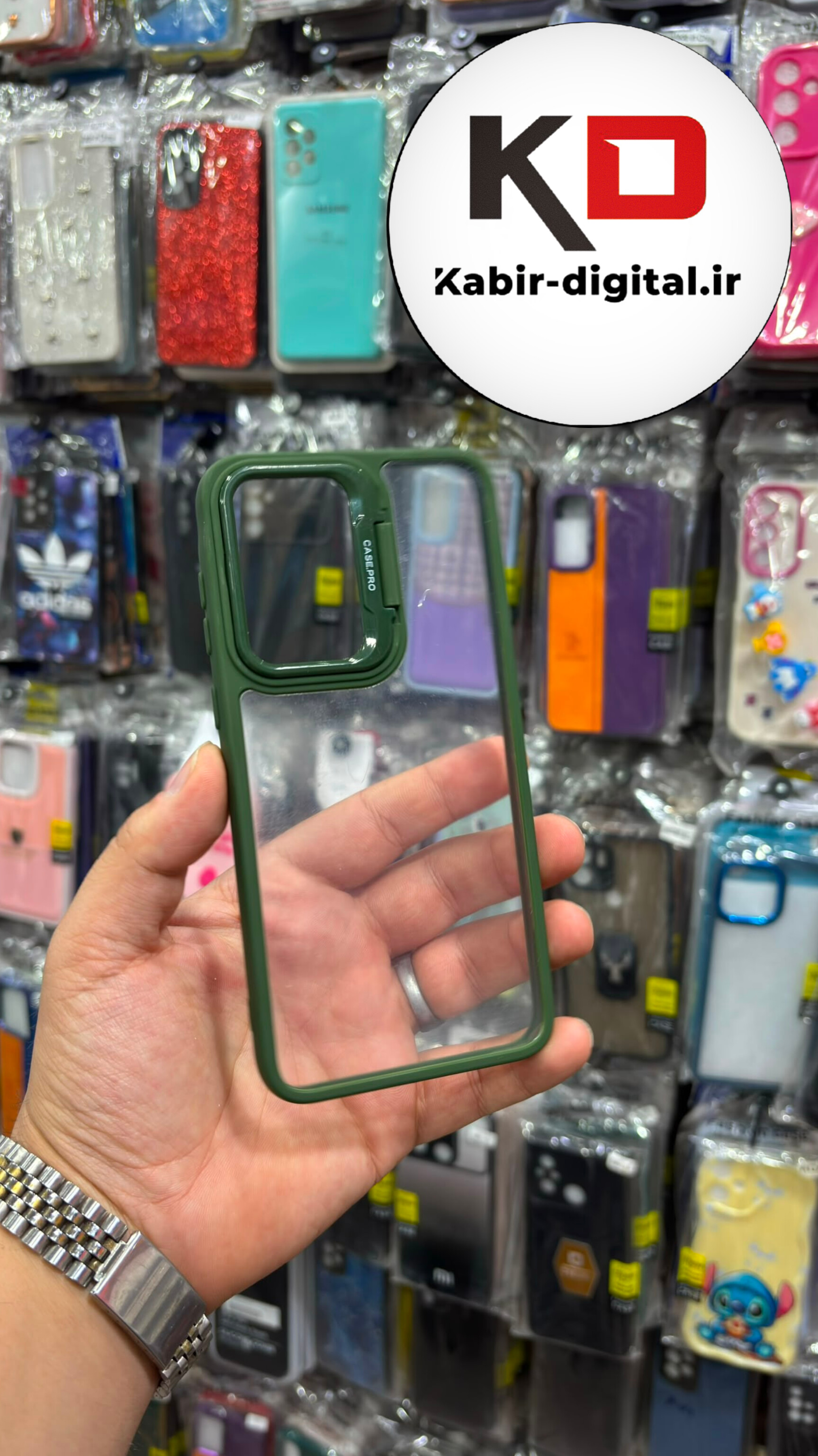 قاب گوشی Galaxy A35 / A55 سامسونگ اورجینال متال کیس Metal اورجینال CASE PRO طرح پشت طلق شفاف دور سیلیکونی استندشو  سبز تیره