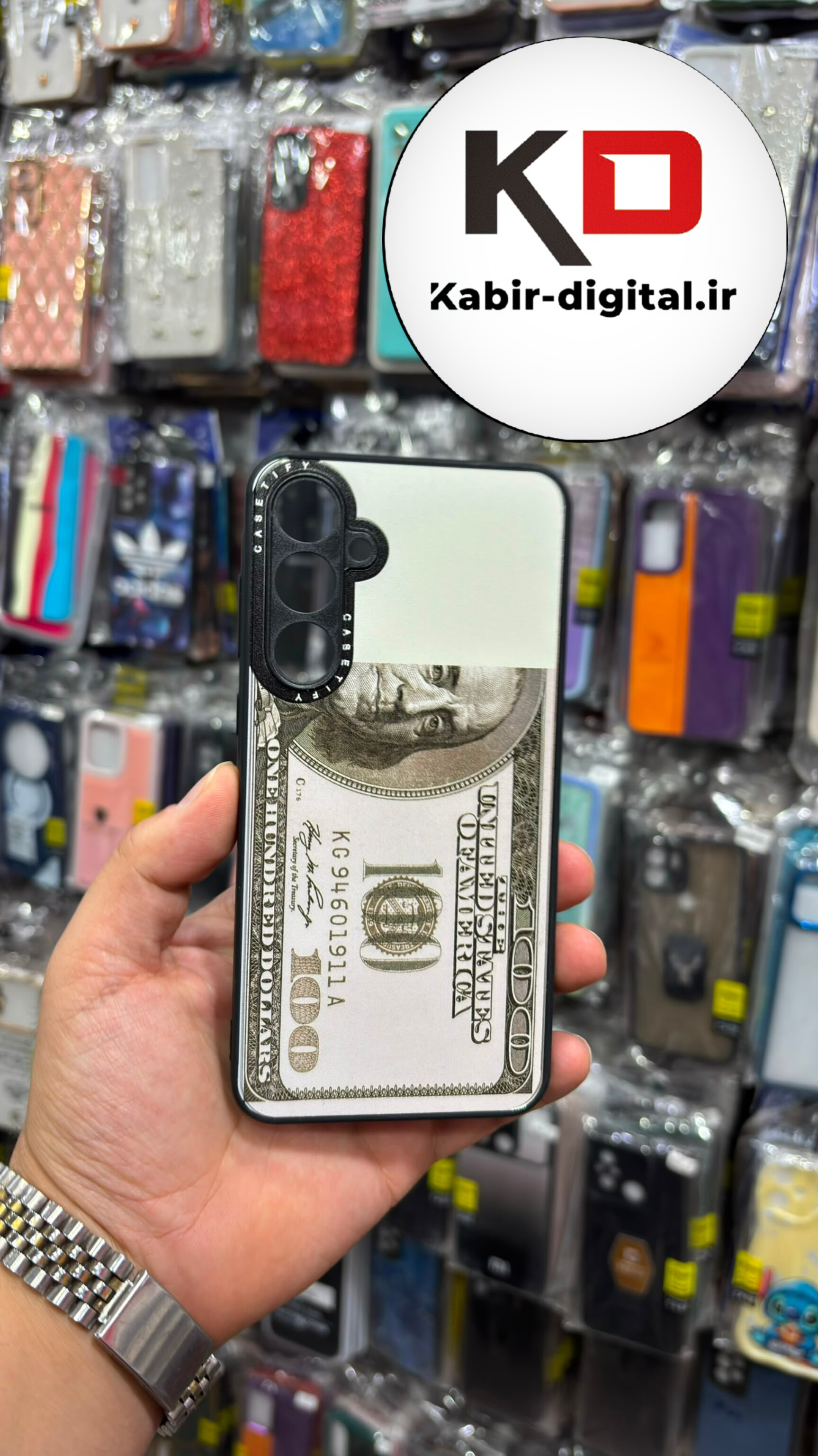 قاب گوشی Galaxy A35 سامسونگ پشت گلس آینه ای CASETIFY طرح دلار محافظ لنزدار مشکی