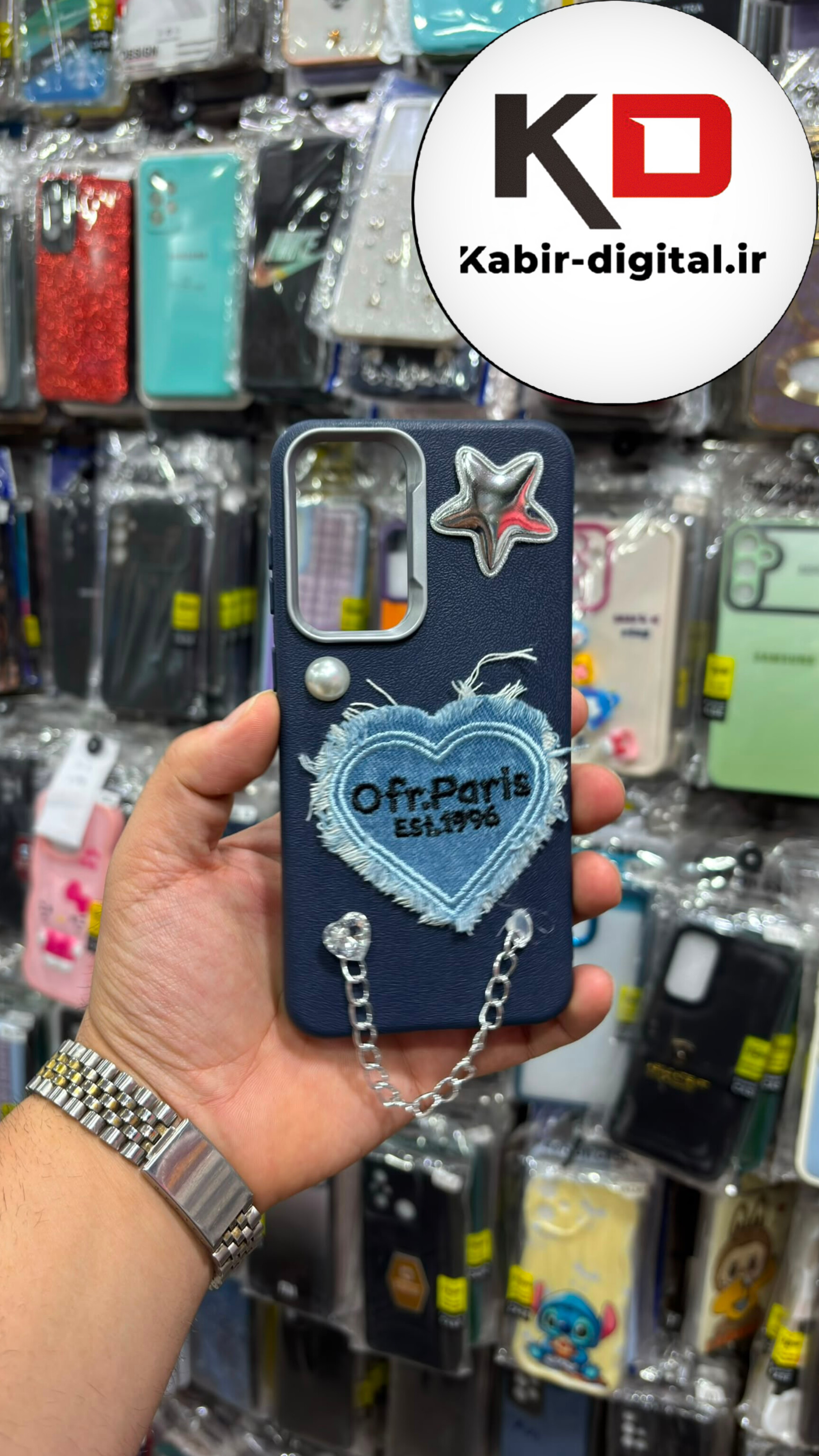 قاب گوشی Galaxy A56 / A36 سامسونگ سیلیکونی Leather Design سه بعدی قلب و ستاره جین زنجیر دار لنز کرومی سرمه ای