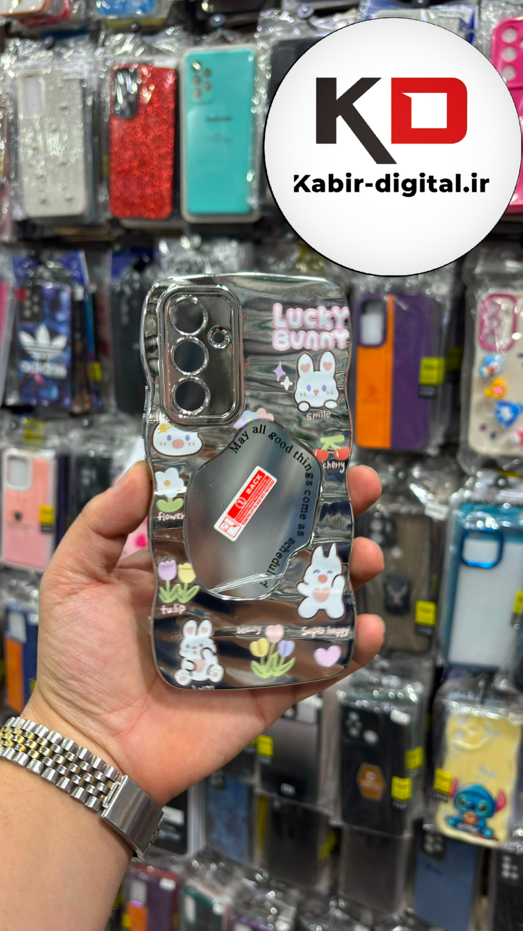 قاب گوشی Galaxy A54 سامسونگ طرح آینه ایی اورجینال خرگوش بالشتی محافظ لنز دار رنگ نقره ای