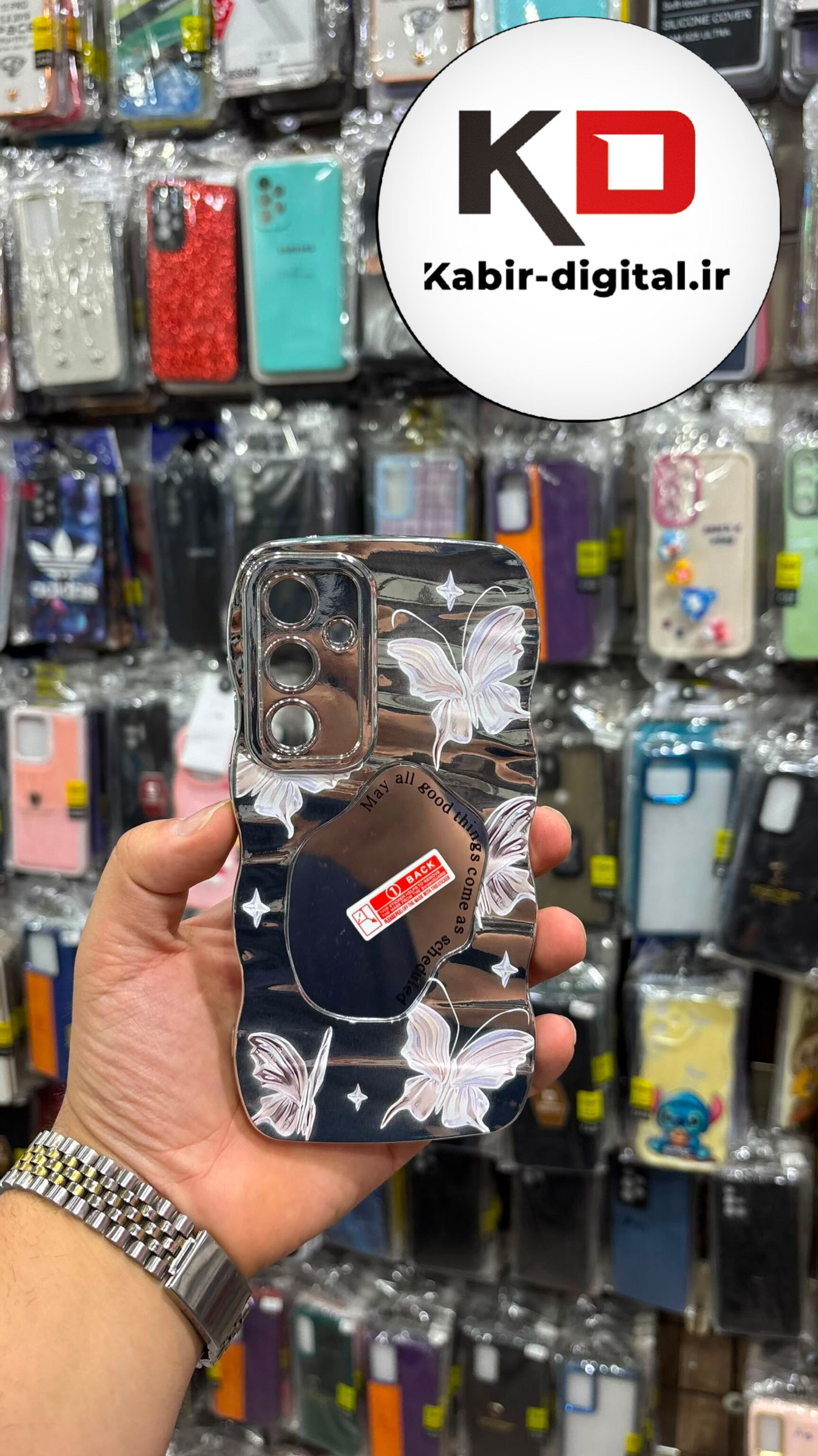 قاب گوشی Galaxy A55 سامسونگ طرح آینه ایی اورجینال پروانه بالشتی محافظ لنز دار رنگ نقره ای