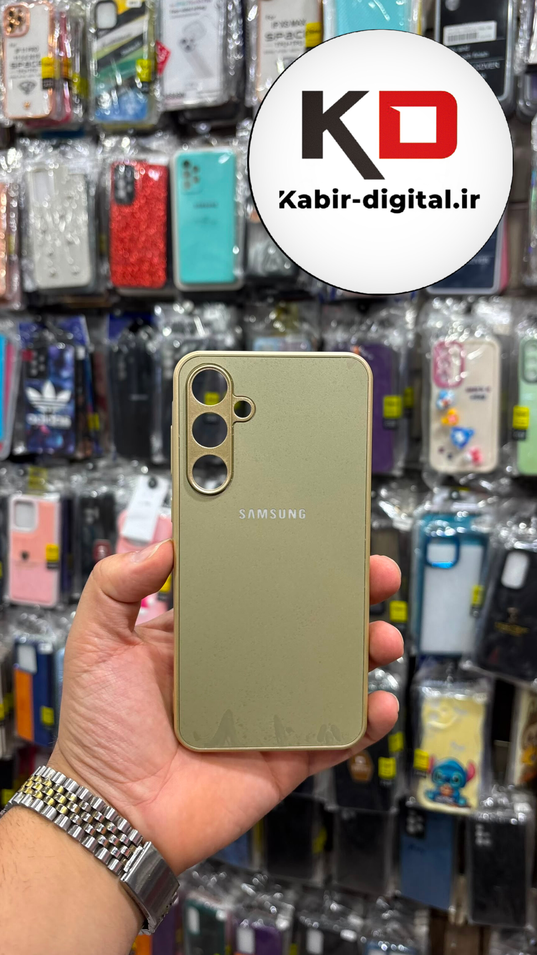 قاب گوشی Galaxy A55 سامسونگ پشت گلس شیشه ای اورجینال SO COOL دور سیلیکونی طلایی
