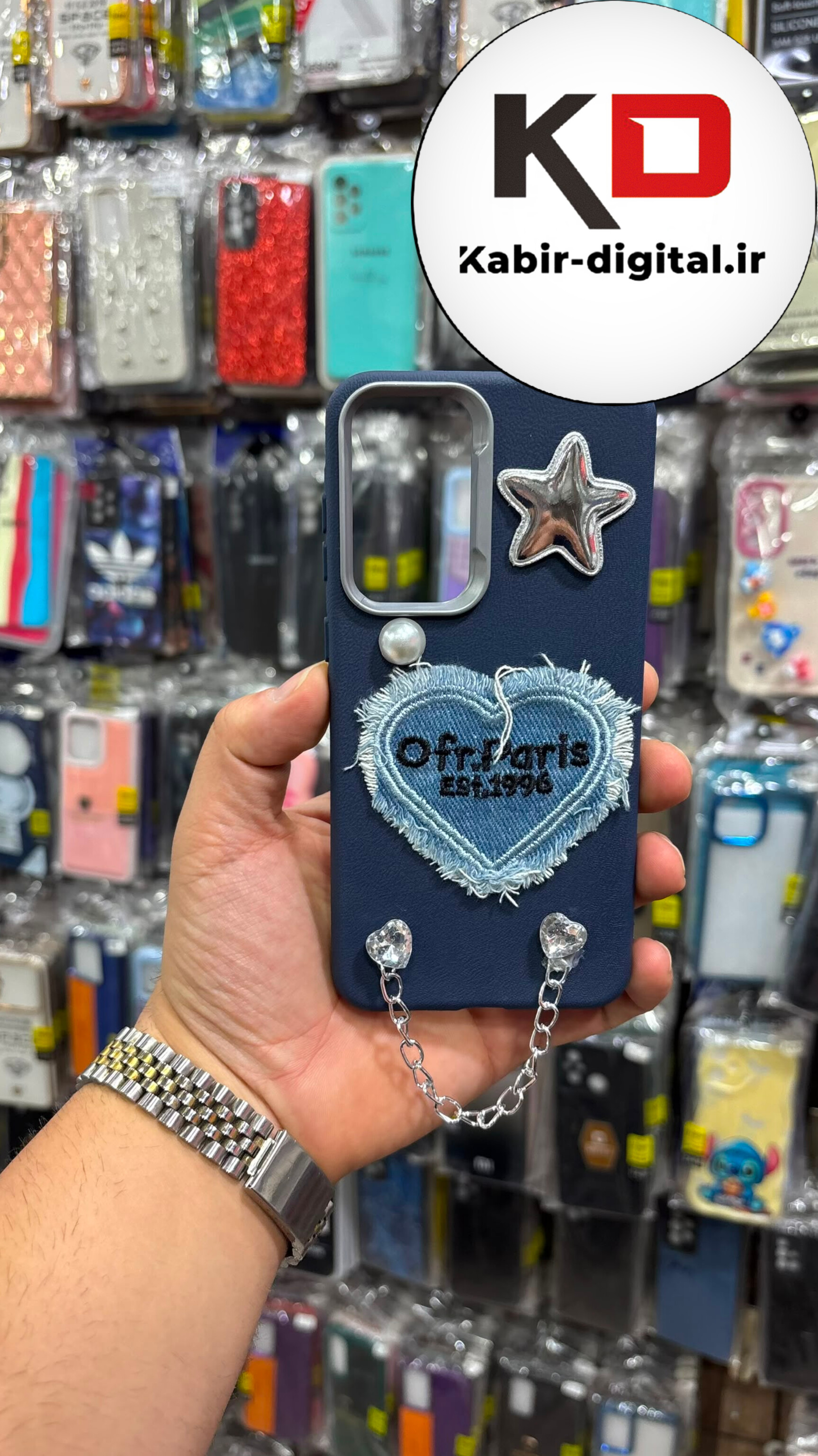 قاب گوشی Galaxy A56 / A36 سامسونگ سیلیکونی Leather Design سه بعدی قلب و ستاره جین زنجیر دار لنز کروم سرمه ایی
