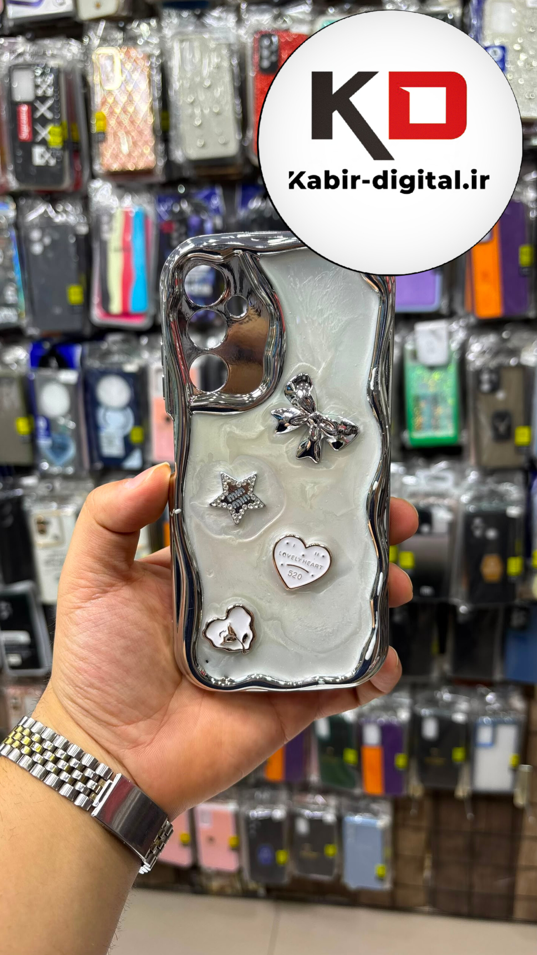 قاب گوشی Galaxy A05S سامسونگ طرح آینه ایی اورجینال پاپیون برجسته کرومی بالشتی محافظ لنز دار رنگ نقره ای