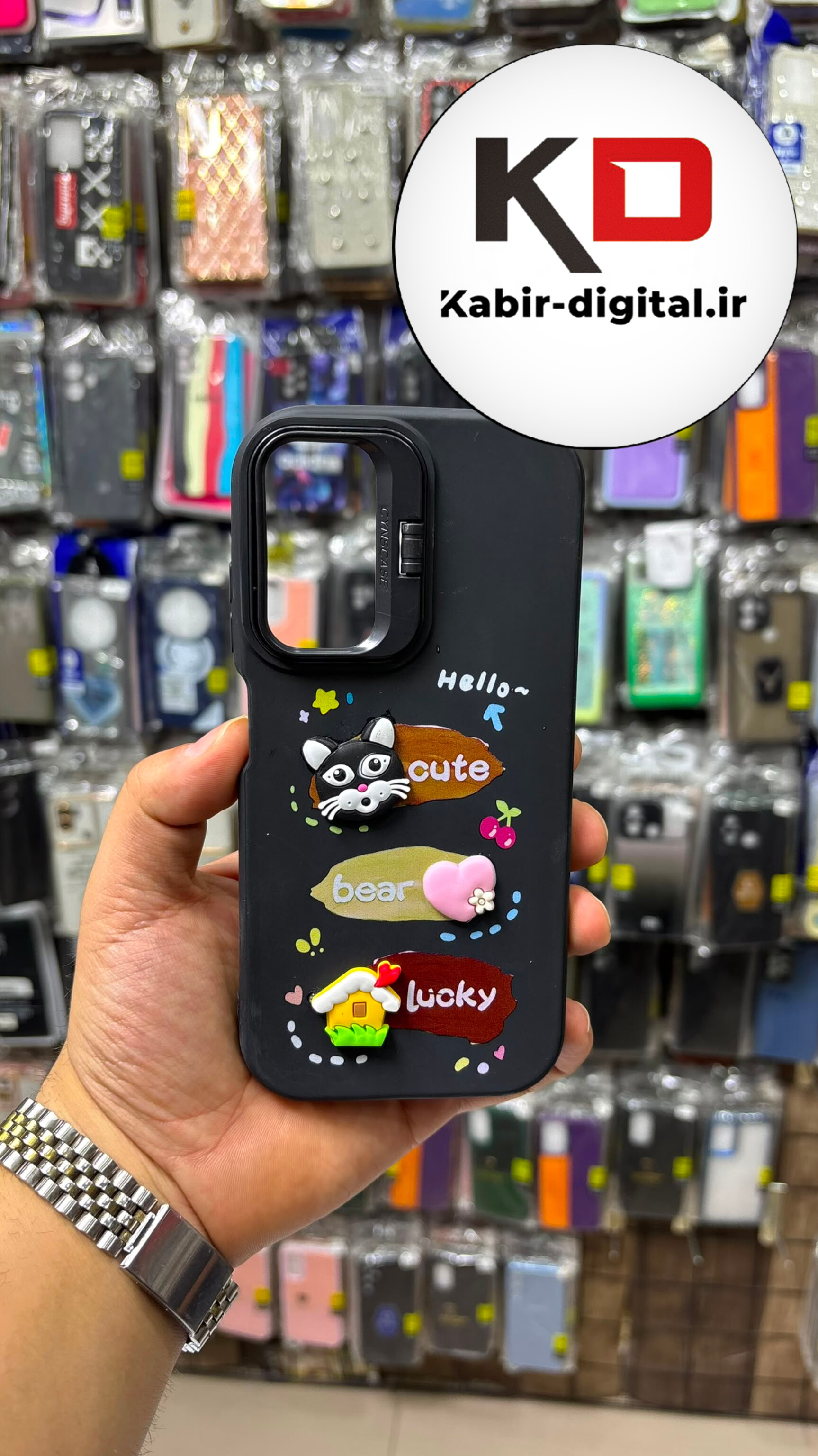 قاب گوشی Galaxy A05S سامسونگ سیلیکونی Stand Case پاستلی عروسکی برجسته مشکی لنز استندشو