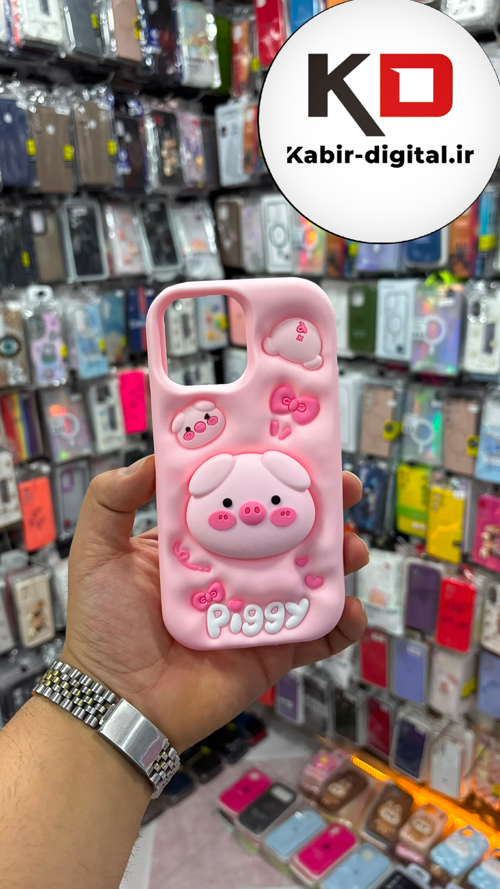 قاب گوشی iPhone 13 Pro Max / 12 Pro Max آیفون سیلیکونی پاک کنی اورجینال عروسکی خوک صورتی هولدری استند شو