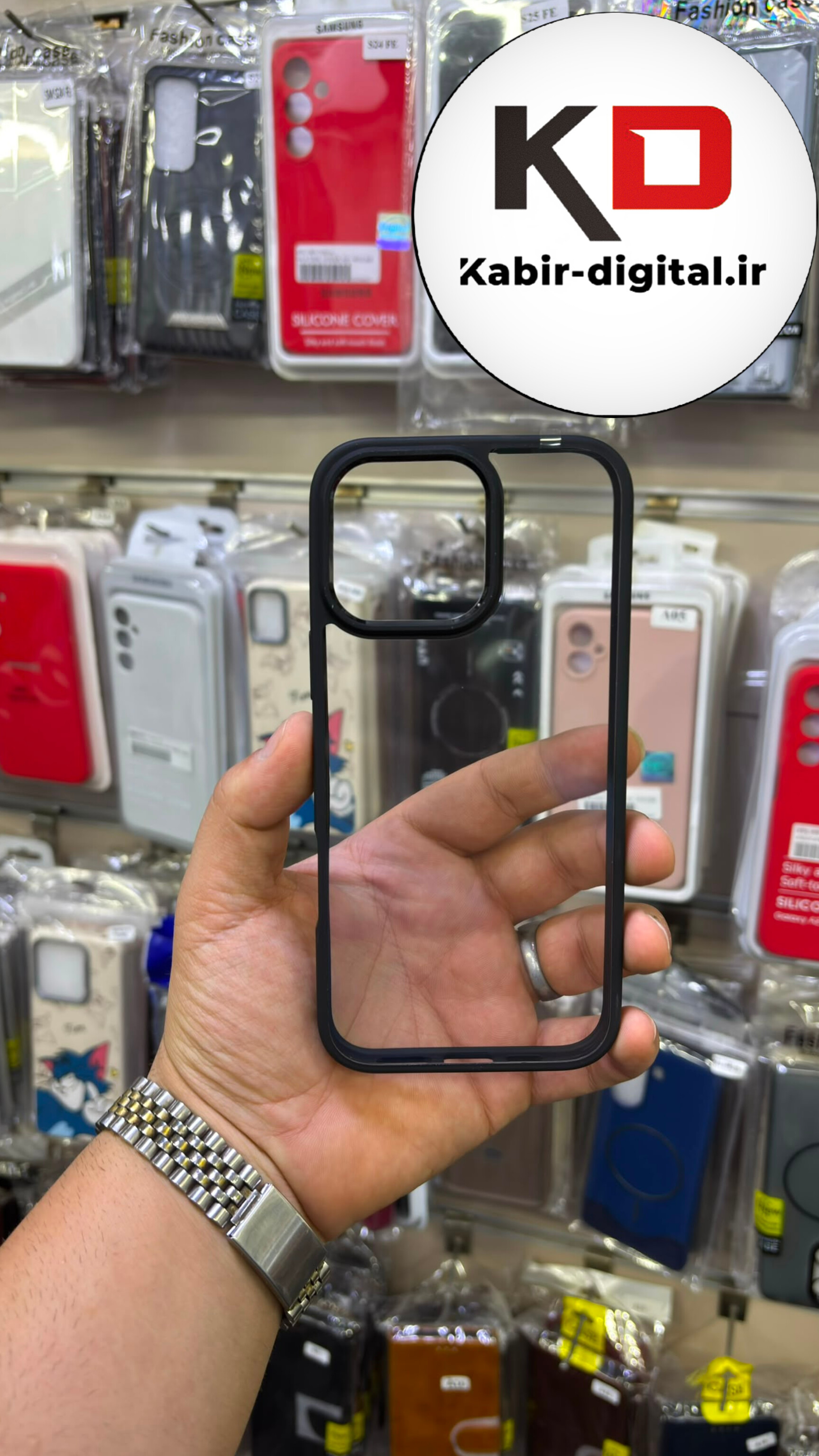 قاب گوشی iPhone 16 Pro Max آیفون اورجینال متال کیس Metal اورجینال CASE PRO طرح پشت طلق شفاف دور سیلیکونی مشکی