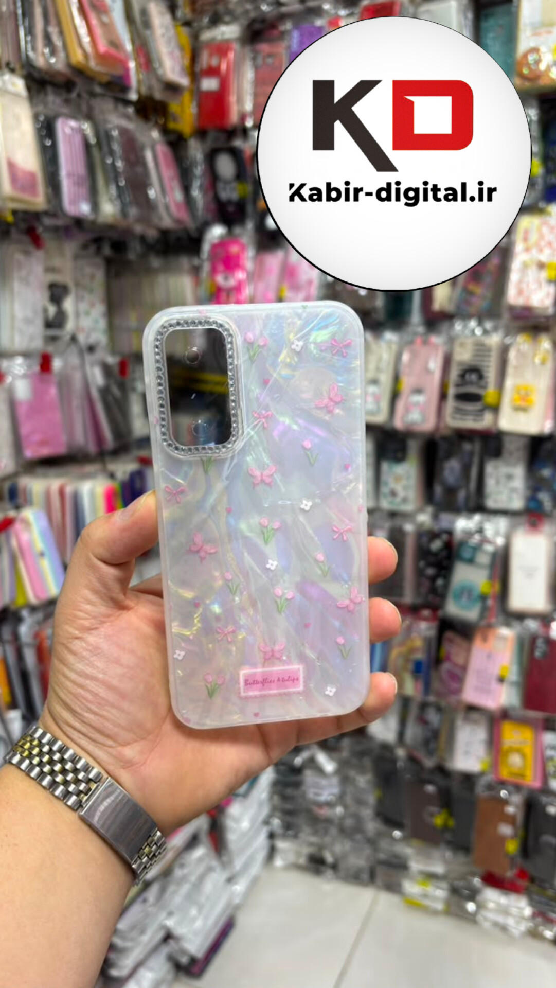 قاب گوشی Galaxy A15 / A25 / A24 سامسونگ  Crystal Case نگین دار لوکس رزینی ماربل پروانه سفید لنز نگین دار