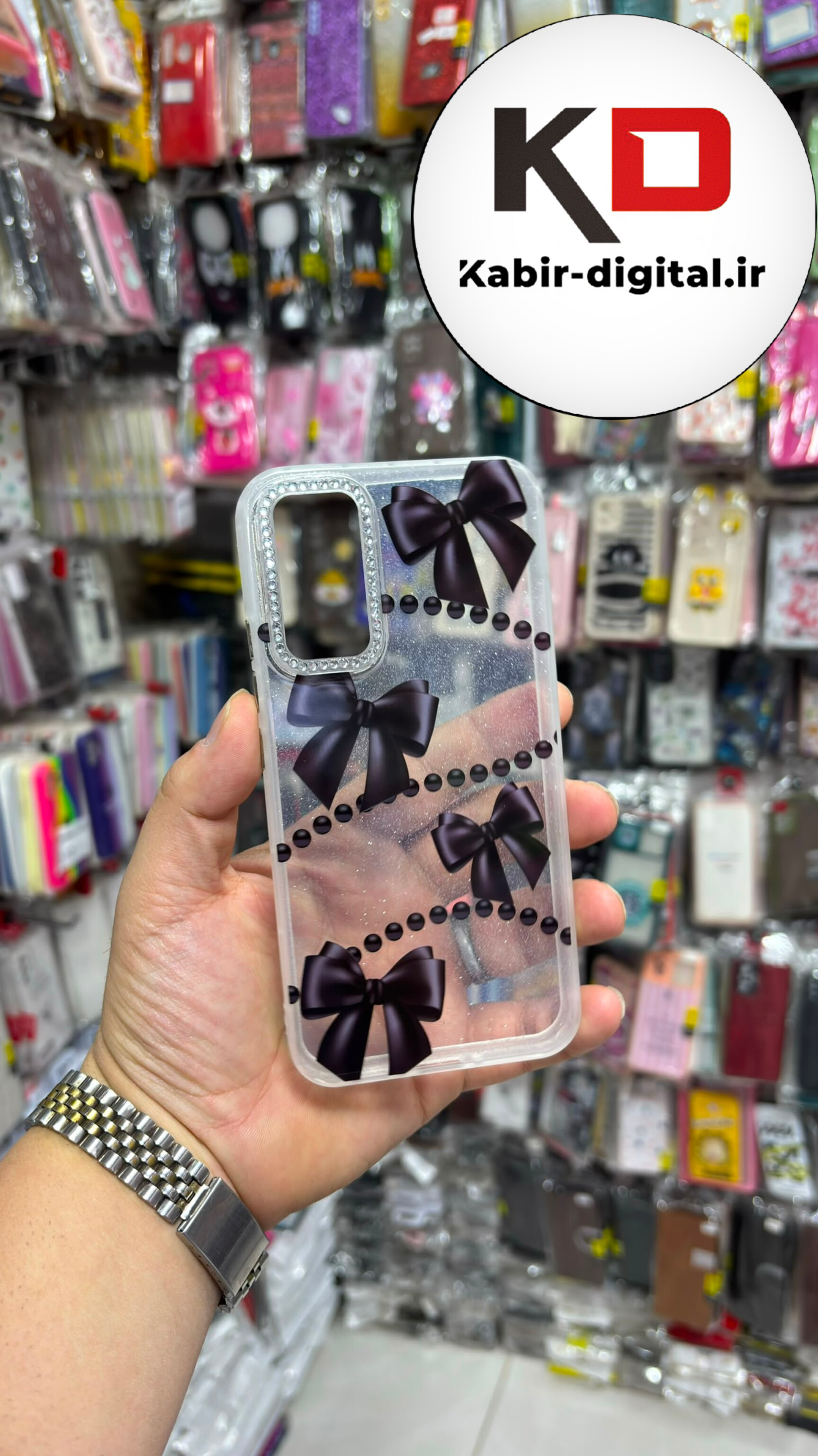 قاب گوشی Galaxy A34 سامسونگ  Crystal Case نگین دار لوکس شفاف اکلیلی پاپیون مشکی لنز نگین دار