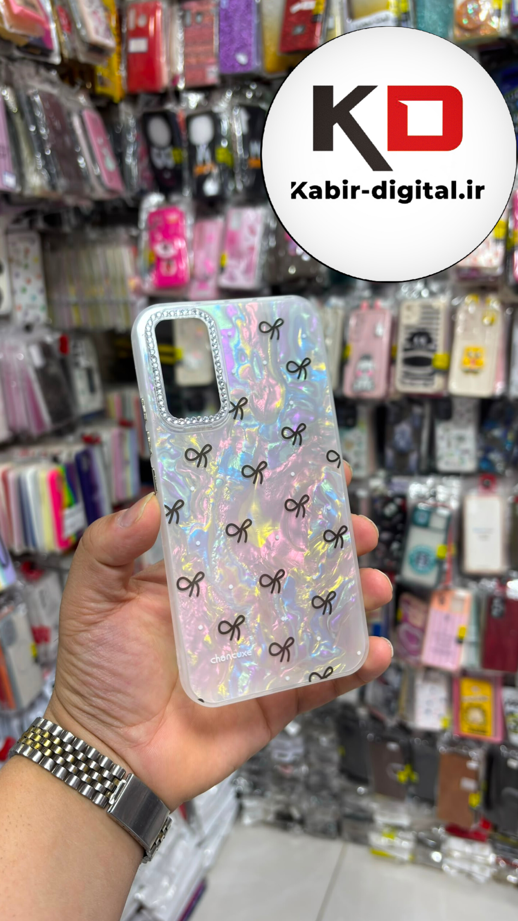 قاب گوشی Galaxy A34 سامسونگ  Crystal Case نگین دار لوکس رزینی ماربل پاپیون مشکی لنز نگین دار