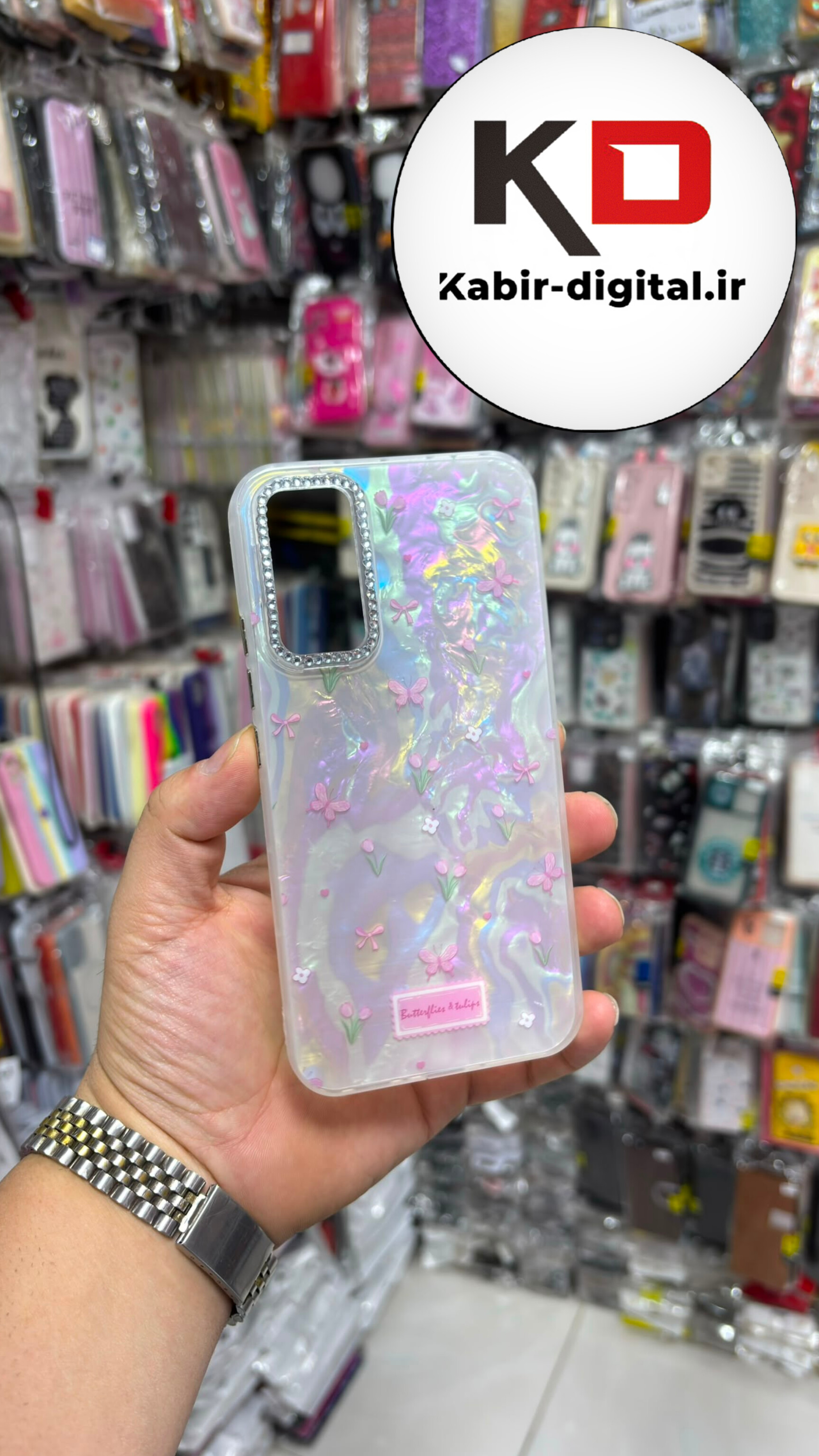 قاب گوشی Galaxy A34 سامسونگ  Crystal Case نگین دار لوکس رزینی ماربل پروانه سفید لنز نگین دار