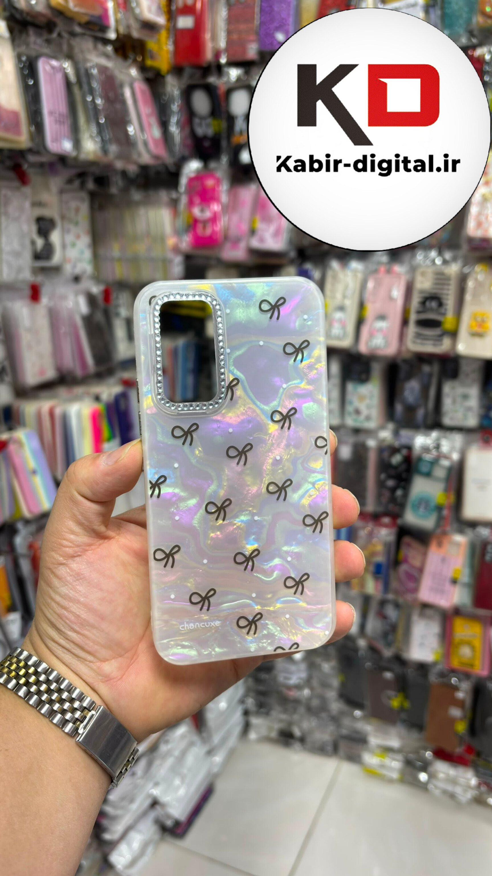 قاب گوشی Galaxy A54 سامسونگ  Crystal Case نگین دار لوکس رزینی ماربل پاپیون مشکی لنز نگین دار