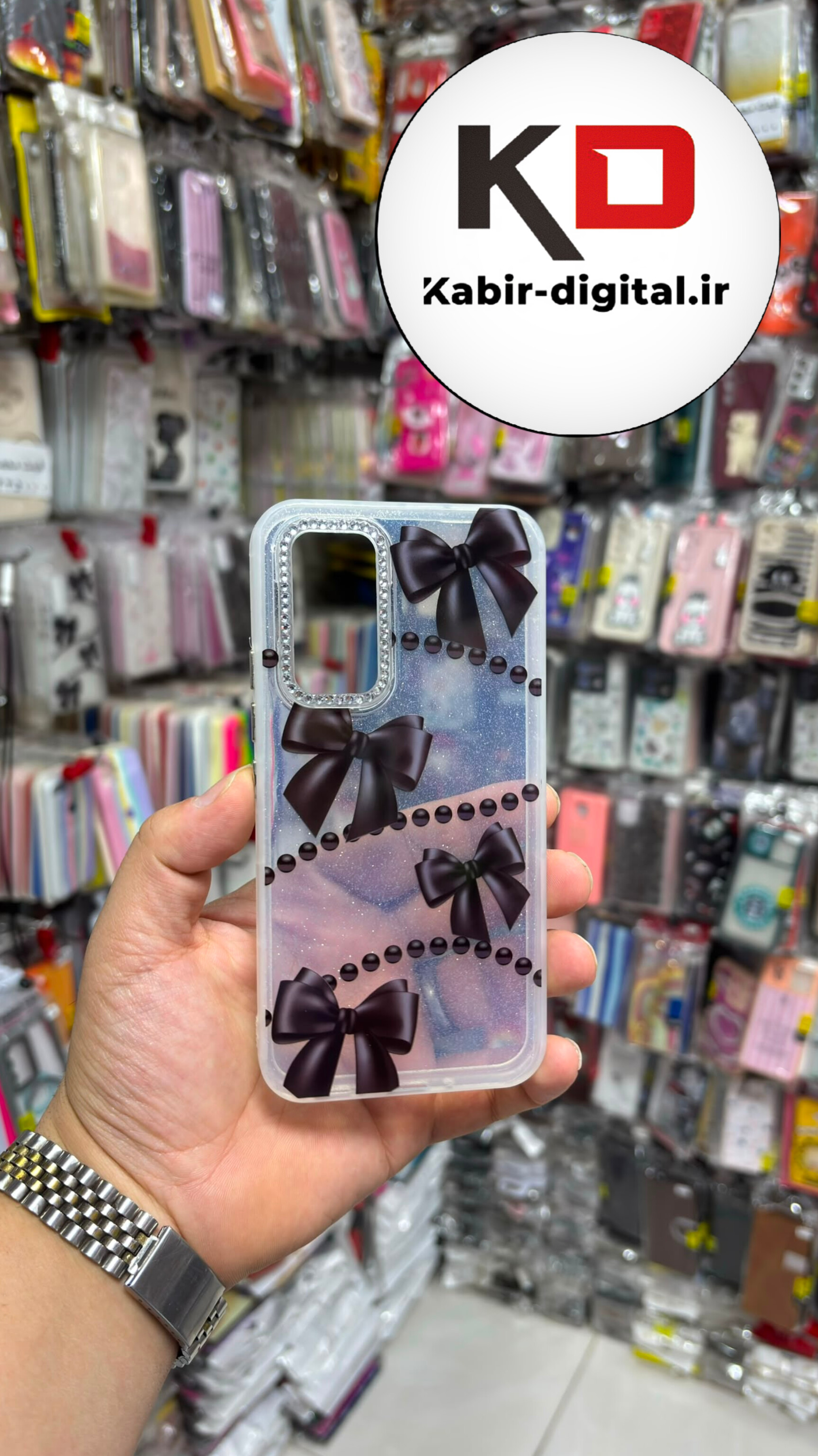 قاب گوشی Galaxy A54 سامسونگ  Crystal Case نگین دار لوکس شفاف اکلیلی  پاپیون مشکی لنز نگین دار