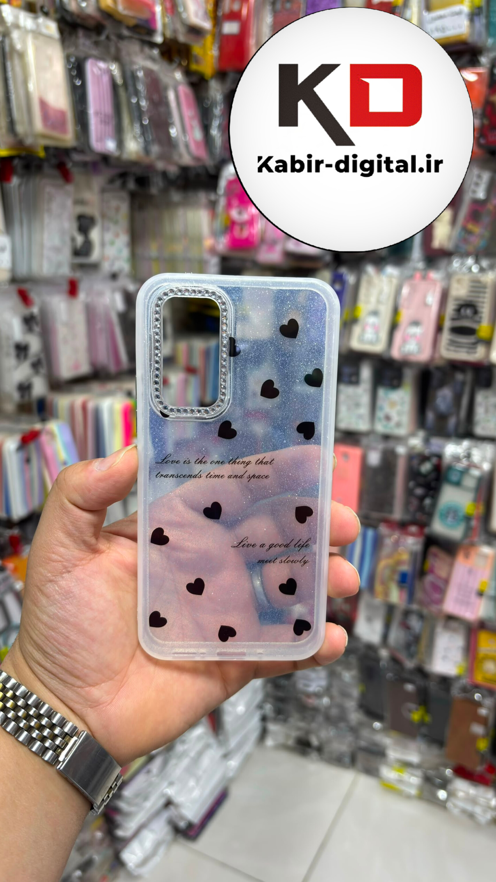 قاب گوشی Galaxy A54 سامسونگ  Crystal Case نگین دار لوکس شفاف اکلیلی  قلب مشکی لنز نگین دار