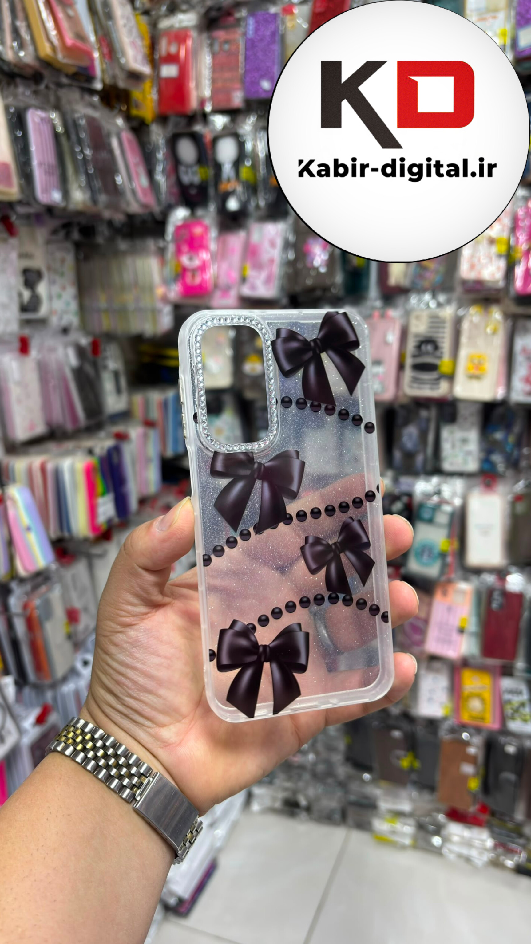 قاب گوشی Galaxy A16 / A17 / A26 سامسونگ  Crystal Case نگین دار لوکس شفاف اکلیلی پاپیون مشکی لنز نگین دار