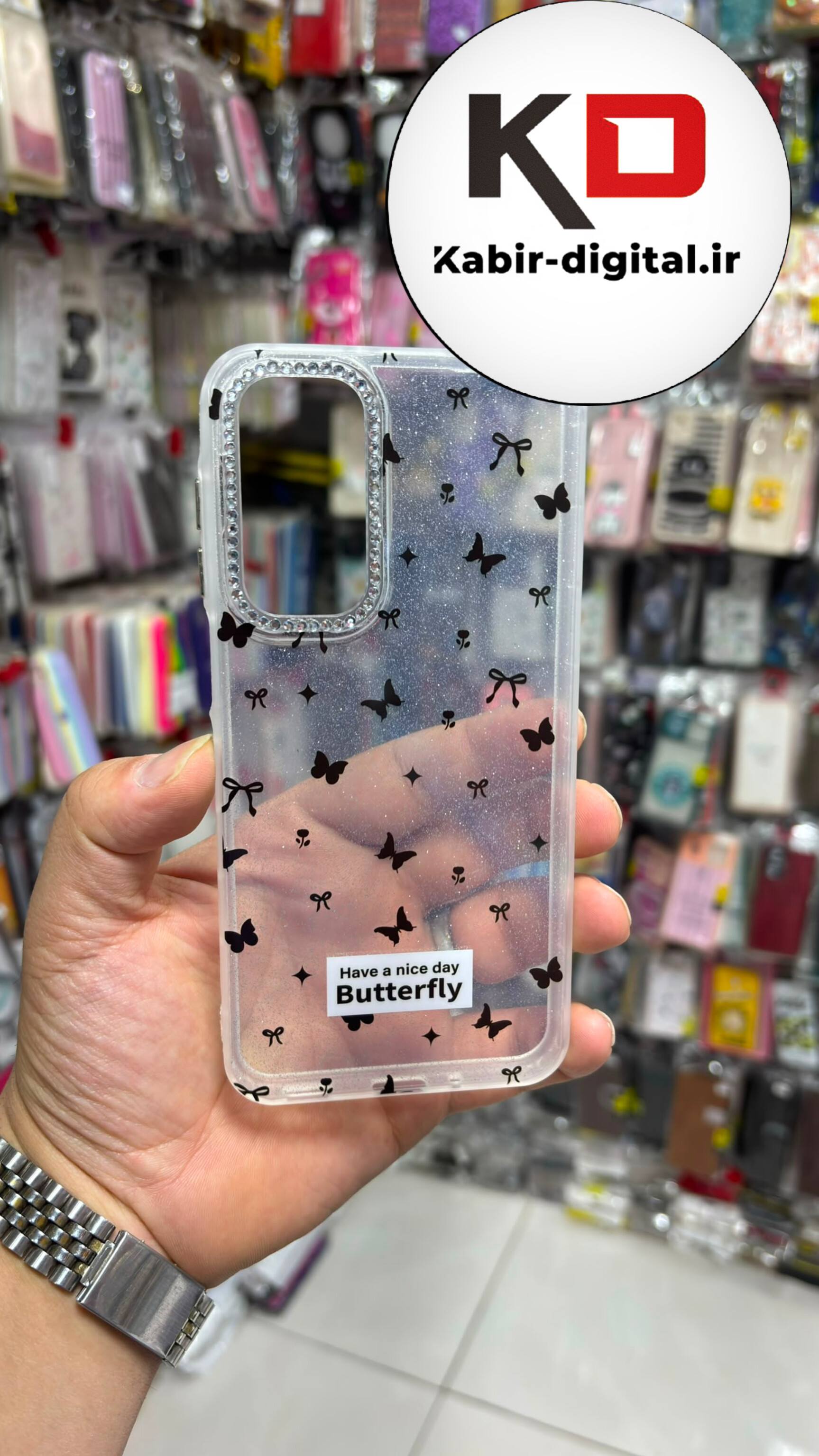 قاب گوشی Galaxy A16 / A17 / A26 سامسونگ  Crystal Case نگین دار لوکس شفاف اکلیلی پاپیون پروانه مشکی لنز نگین دار