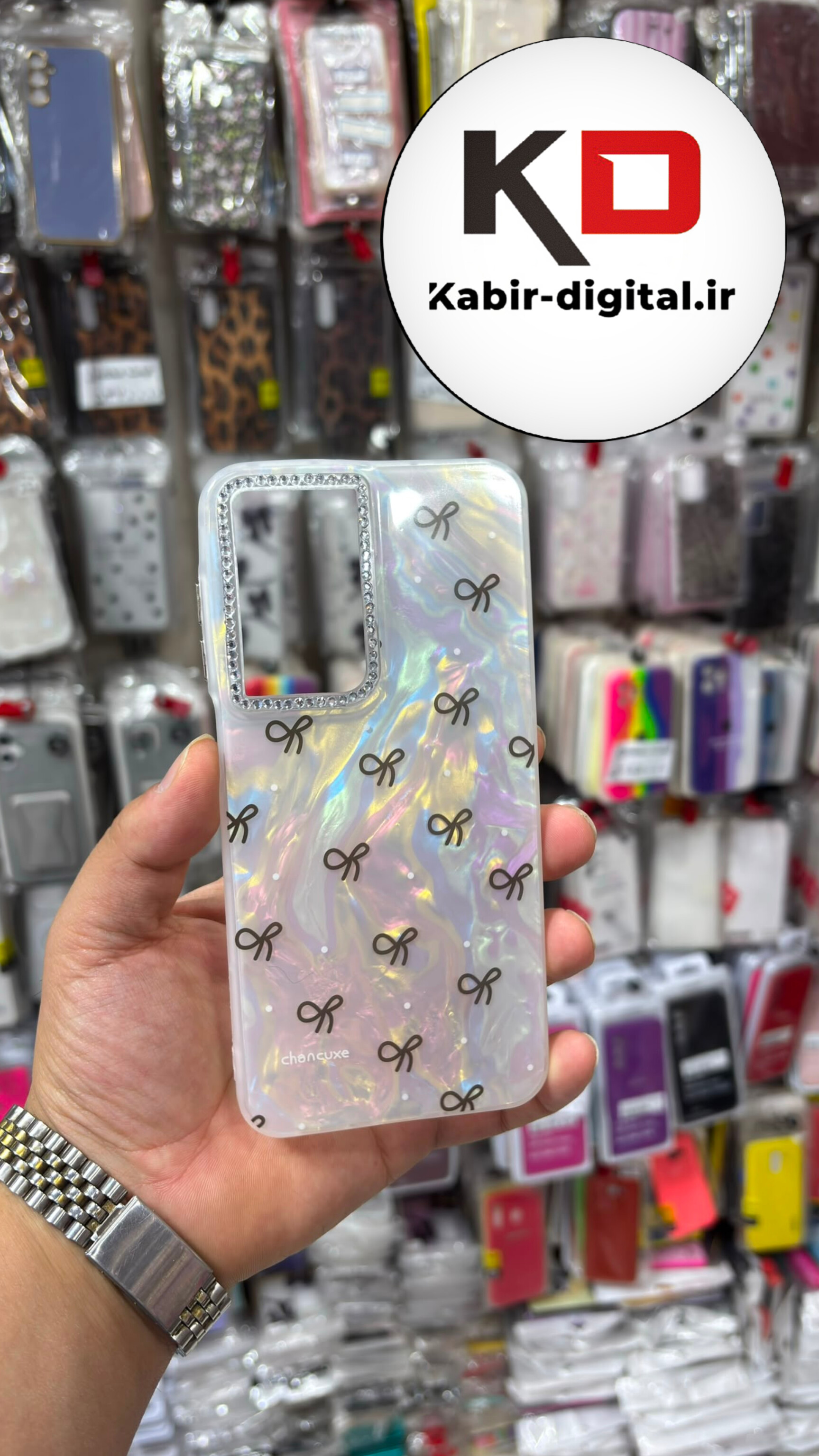 قاب گوشی Galaxy A26 سامسونگ  Crystal Case نگین دار لوکس رزینی ماربل پاپیون سفید لنز نگین دار