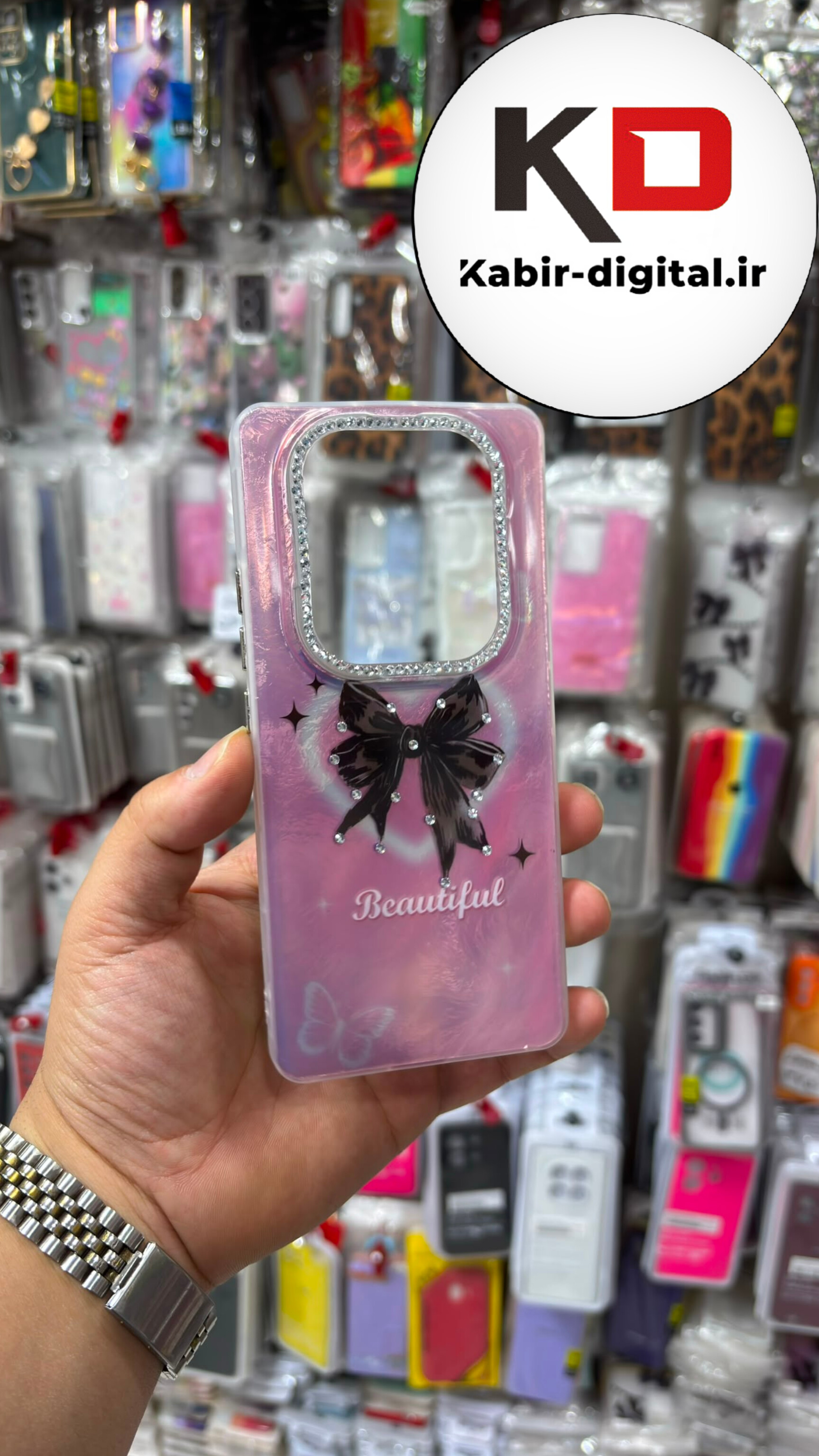قاب گوشی Redmi Note 14 Pro 4G /Note 14 Pro 5G / Note 14 Pro Plus/ POCO X7 / Note 15 شیائومی Crystal Case نگین دار لوکس رزینی ماربل طرح پاپیون صورتی لنز نگین دار