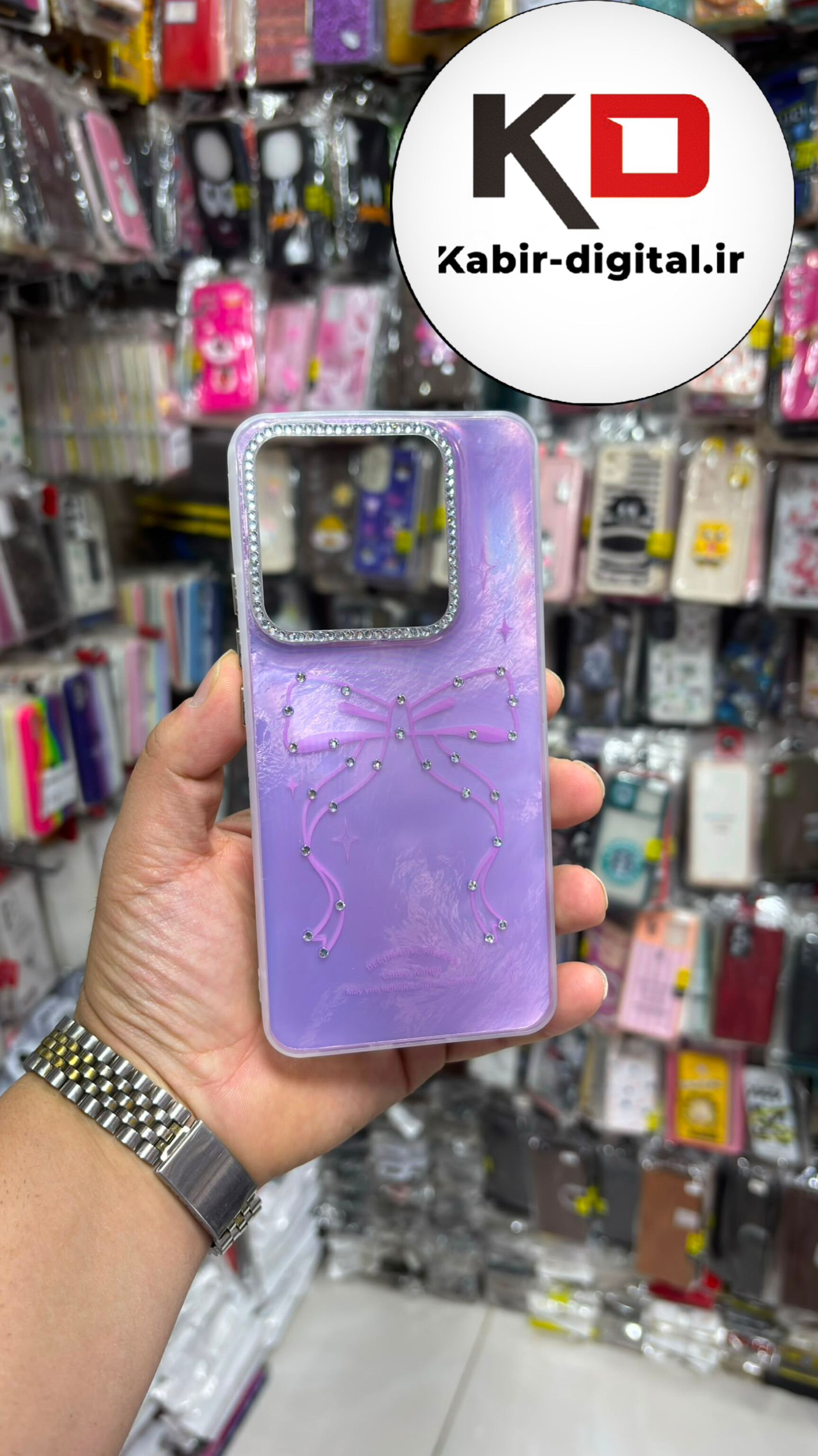 قاب گوشی Redmi Note 14 4G شیائومی Crystal Case نگین دار لوکس رزینی ماربل طرح پاپیون بنفش لنز نگین دار