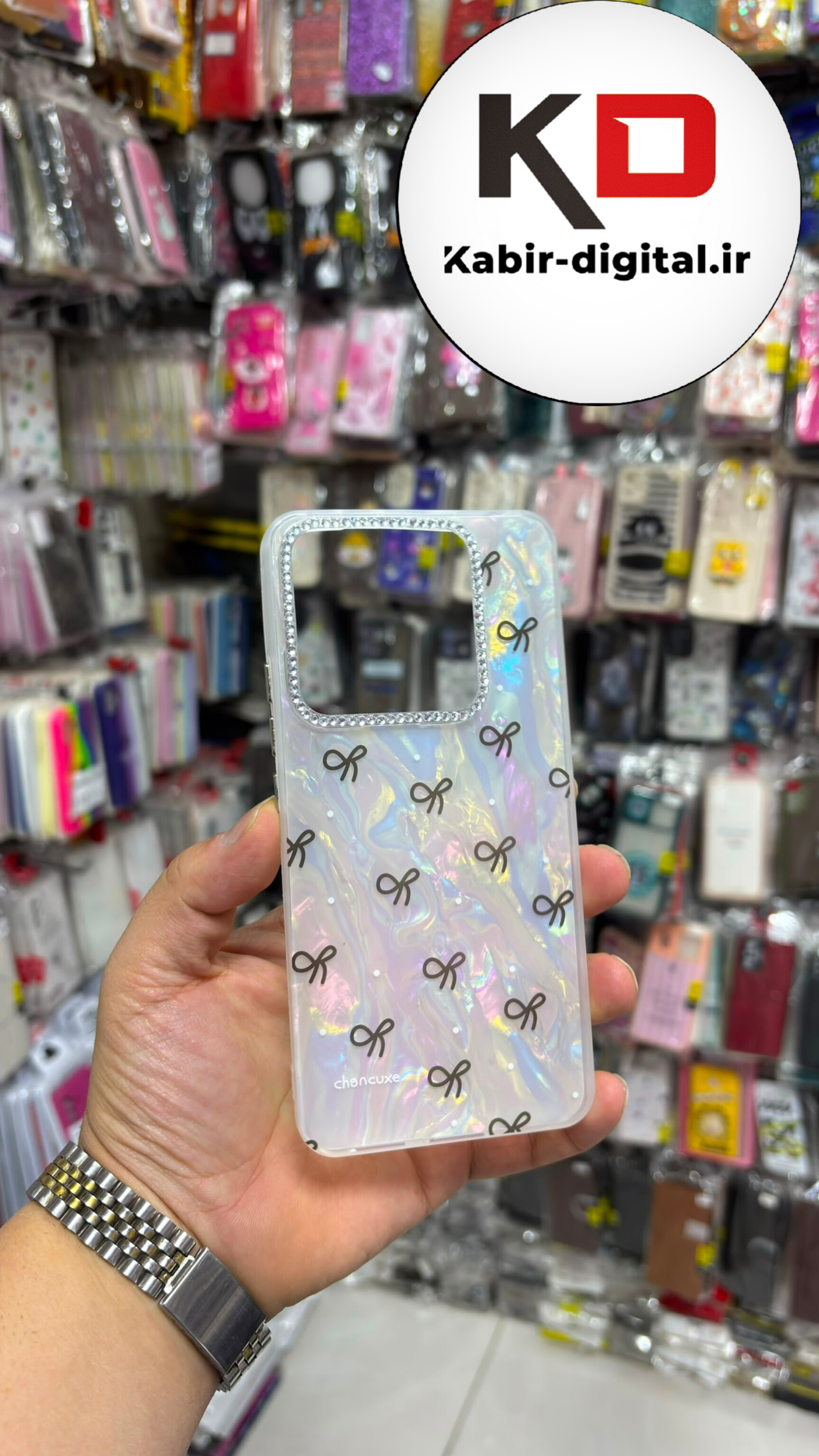 قاب گوشی Redmi Note 14 4G شیائومی Crystal Case نگین دار لوکس رزینی ماربل طرح پاپیون سفید لنز نگین دار