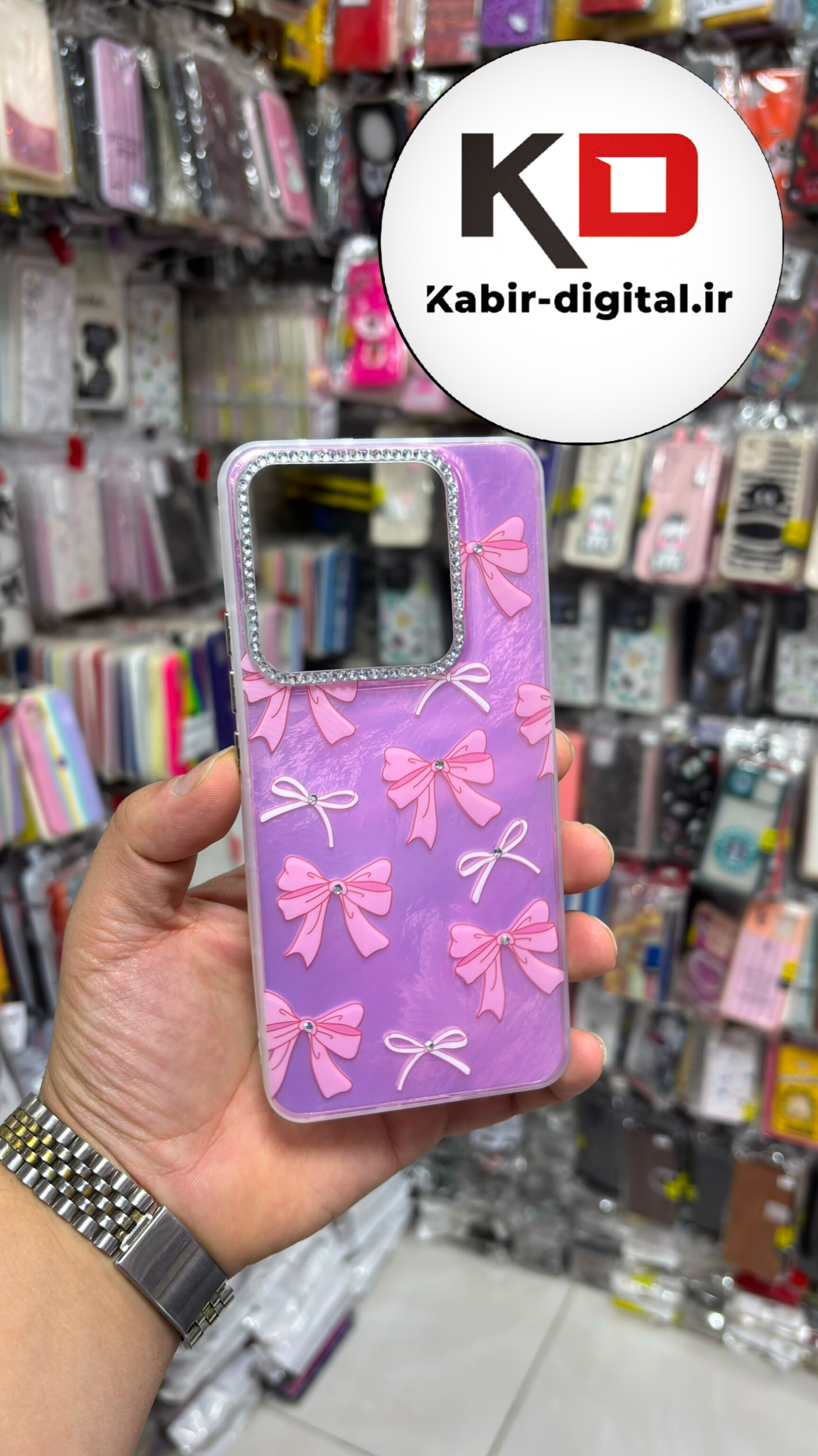 قاب گوشی Redmi Note 14 4G شیائومی Crystal Case نگین دار لوکس رزینی ماربل طرح پاپیون صورتی لنز نگین دار