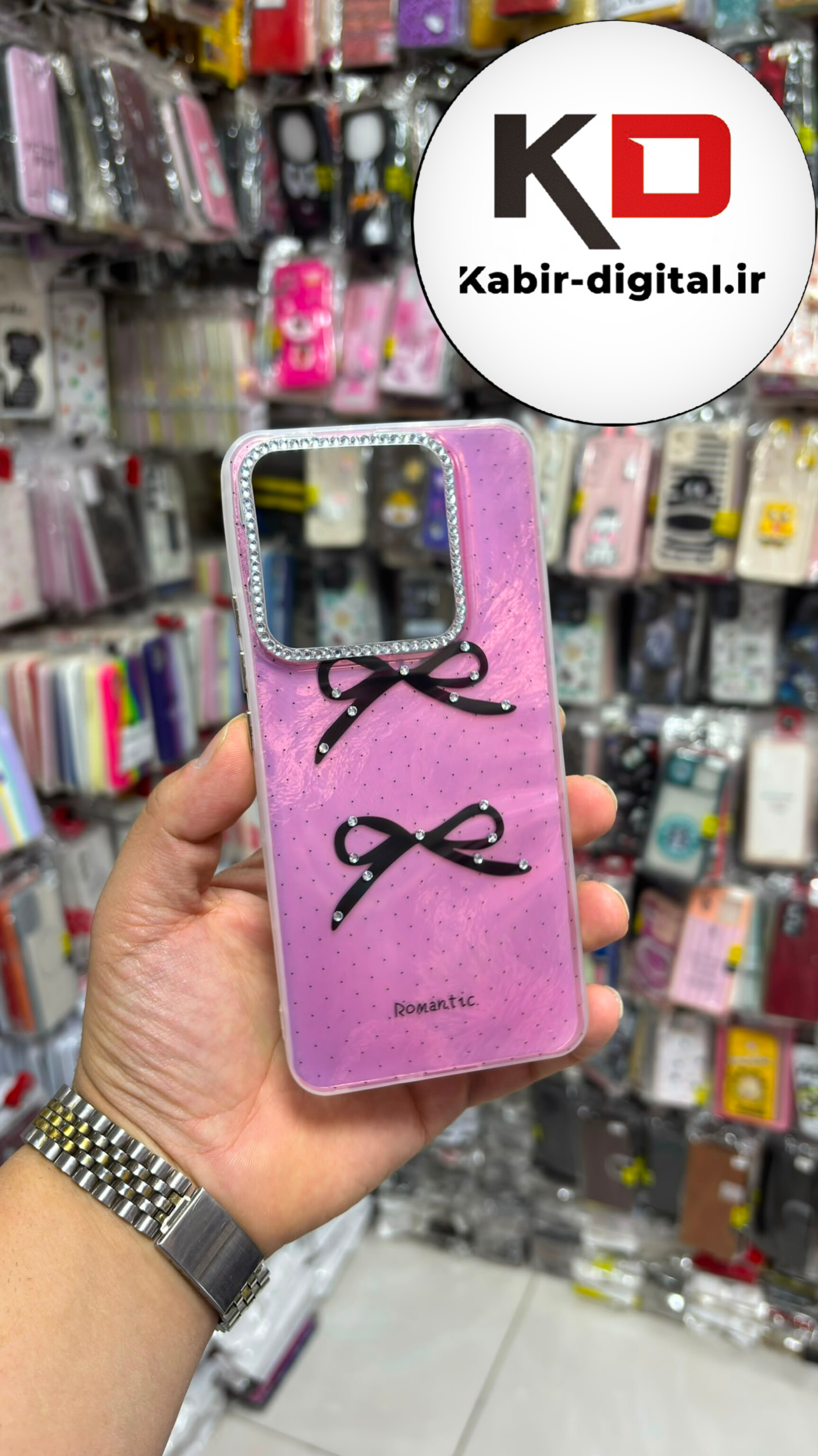 قاب گوشی Redmi Note 14 4G شیائومی Crystal Case نگین دار لوکس رزینی ماربل طرح پاپیون صورتی لنز نگین دار